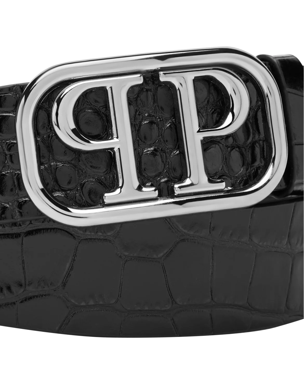 Leather Belt Crocco Print Shiny Skull, цвет: Черный