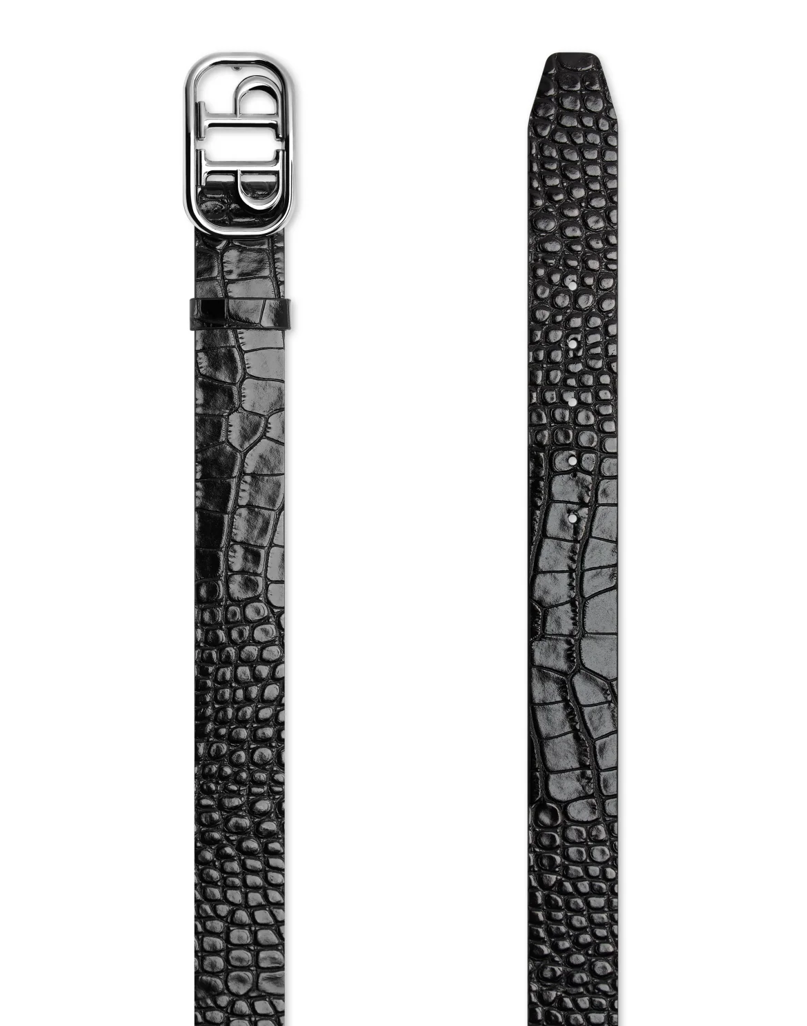 Leather Belt Crocco Print Shiny Skull, цвет: Черный
