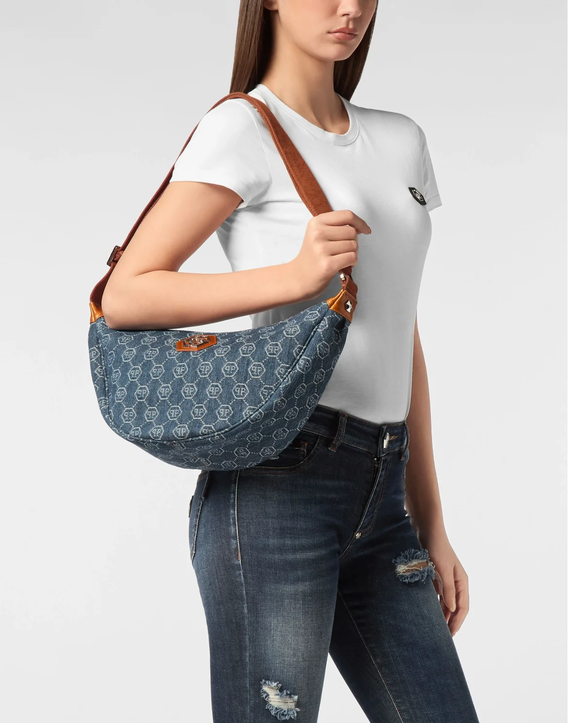 Denim Medium Shoulder Soft Bag Monogram, цвет: Синий