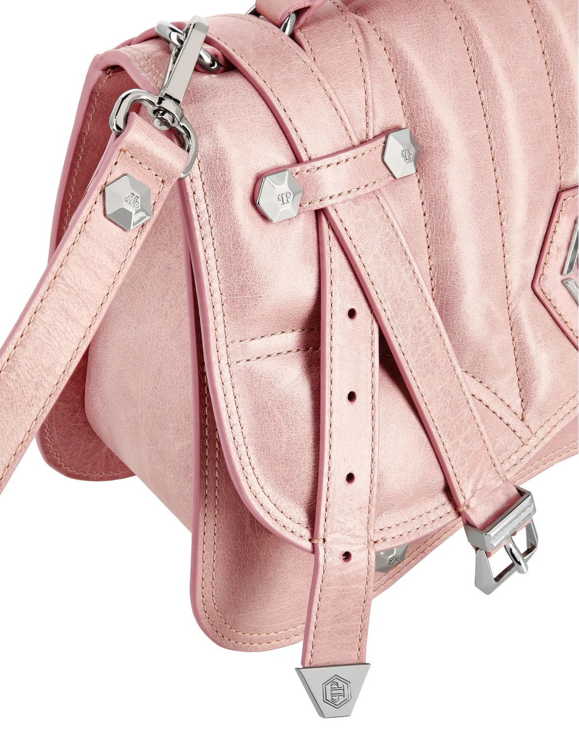 Shiny Crackle Leather Belt Handle Bag Big Hexagon, цвет: Бежевый