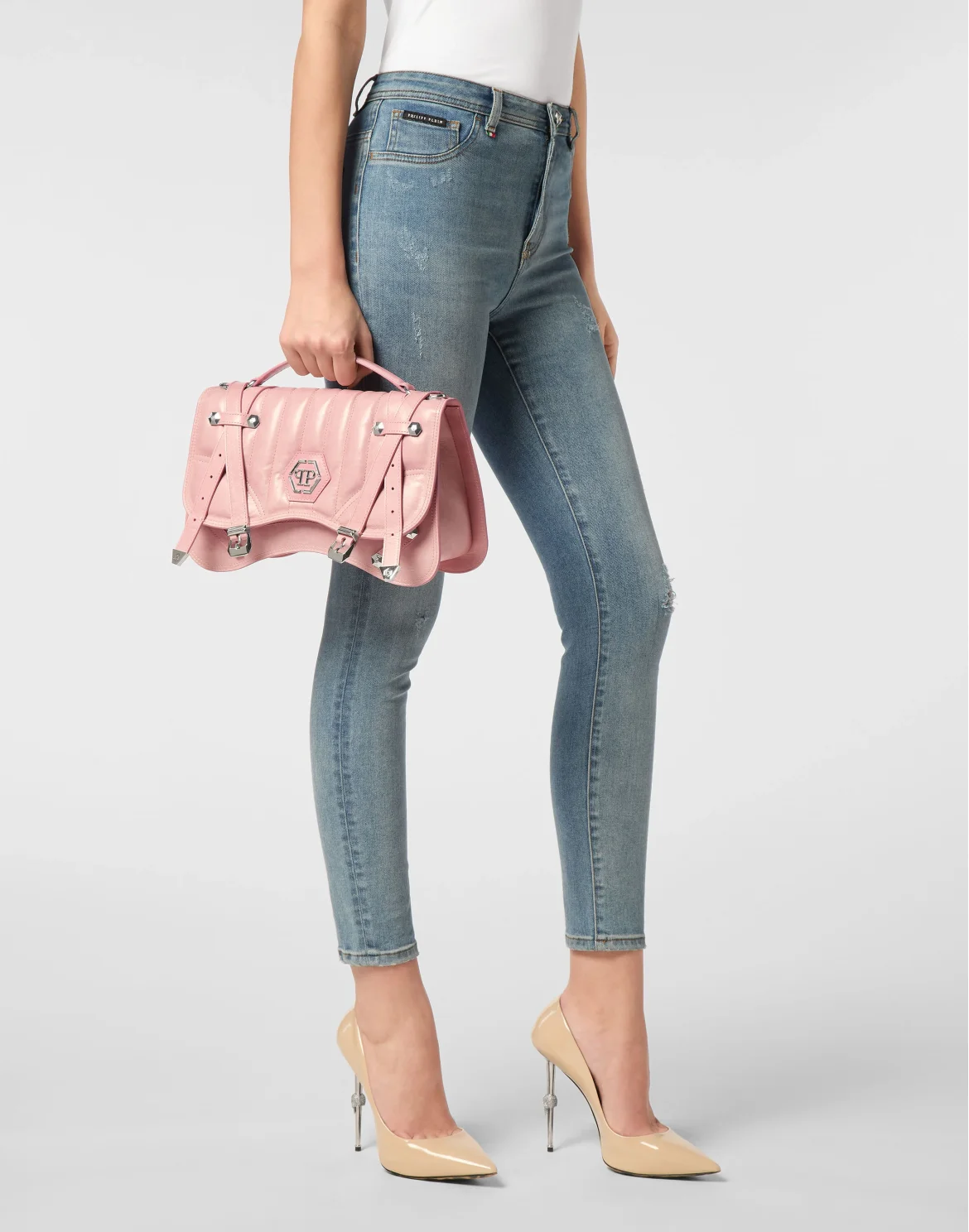 Shiny Crackle Leather Belt Handle Bag Big Hexagon, цвет: Бежевый