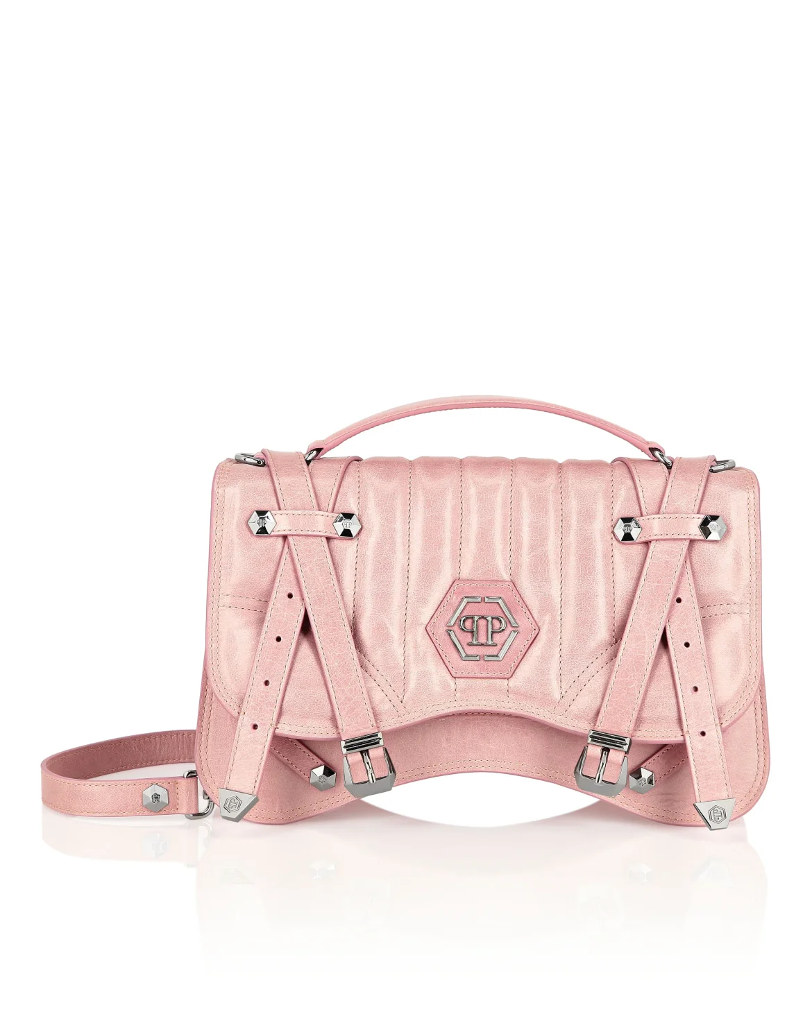 Shiny Crackle Leather Belt Handle Bag Big Hexagon, цвет: Бежевый