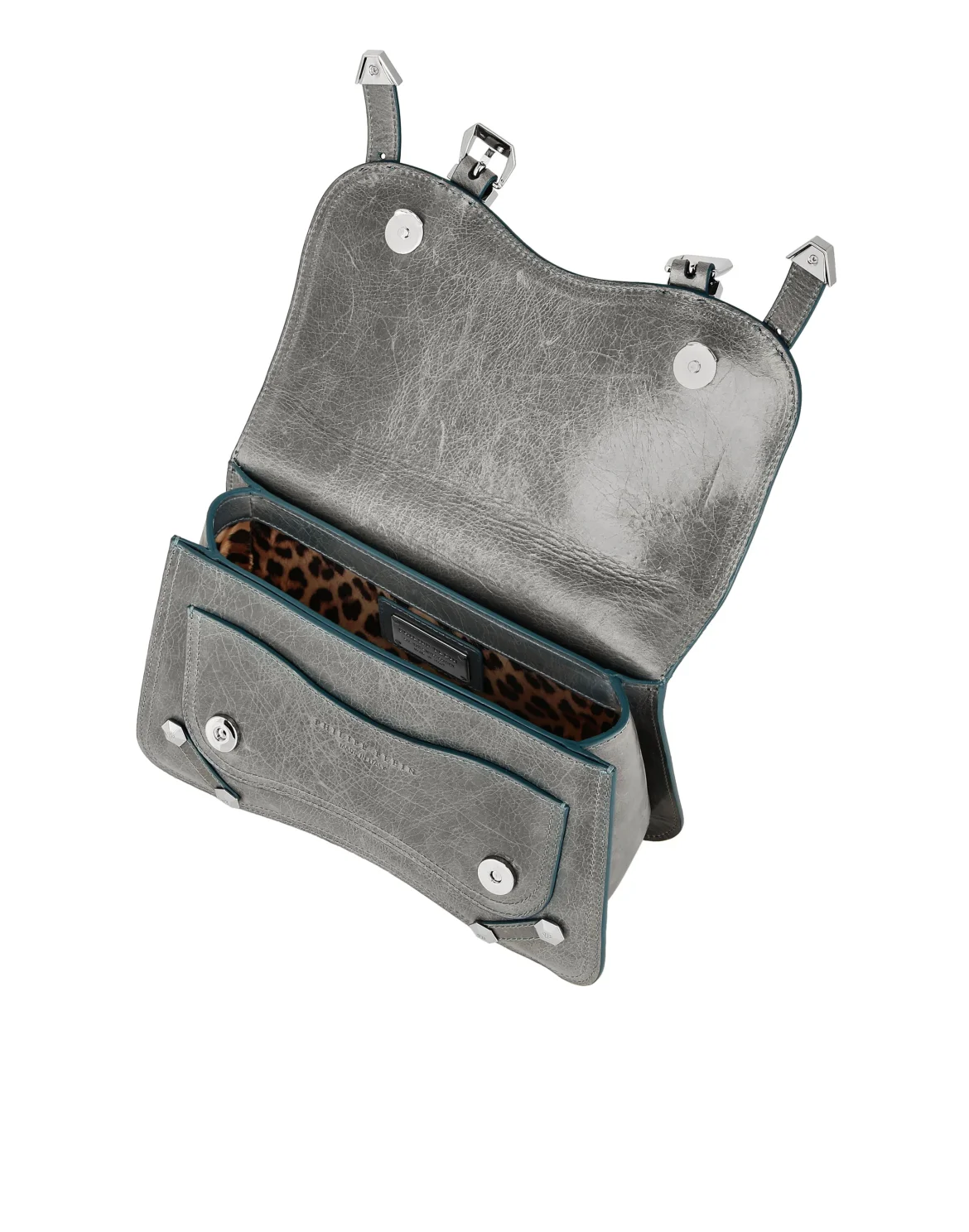 Shiny Crackle Leather Belt Handle Bag Medium Hexagon, цвет: Голубой