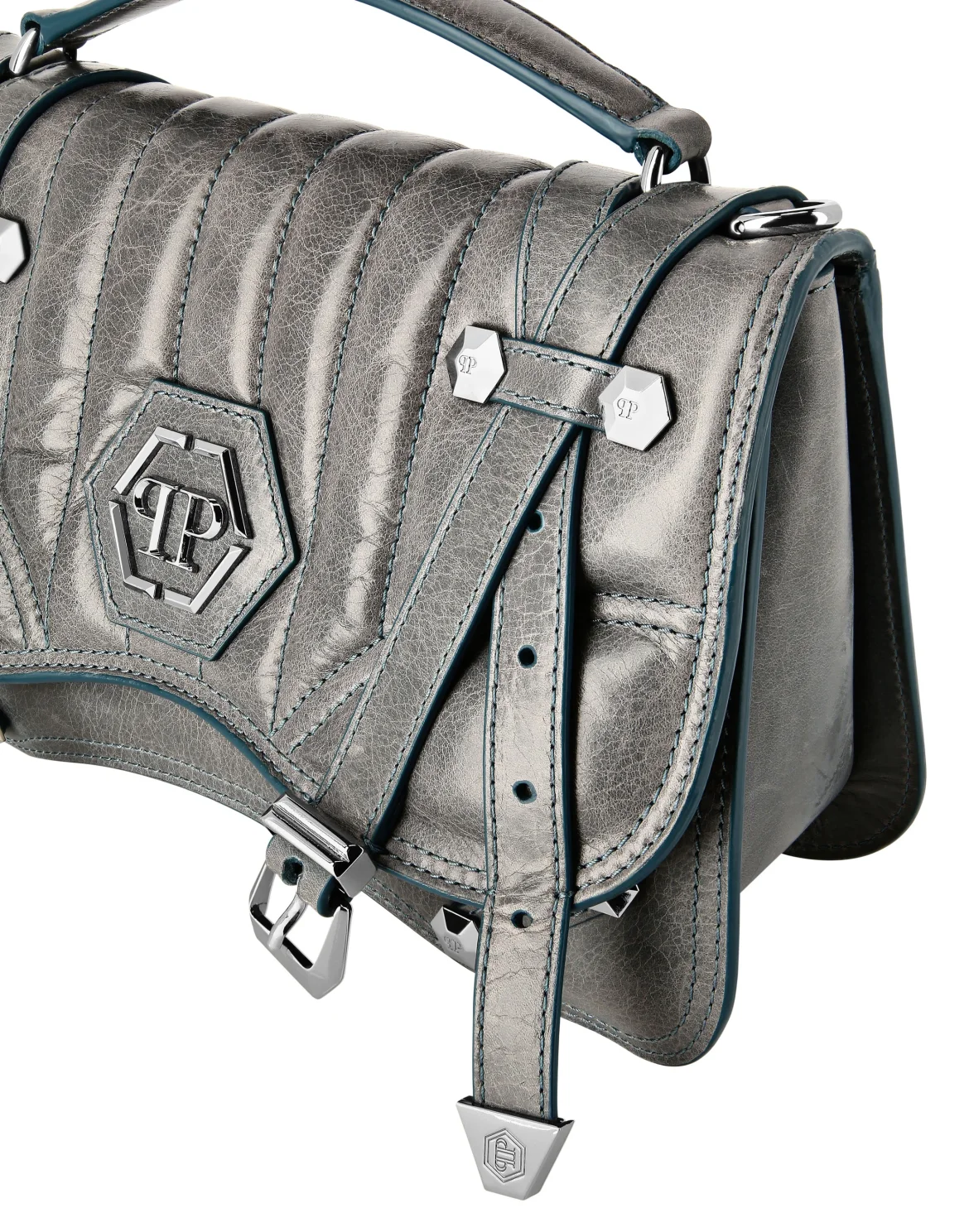 Shiny Crackle Leather Belt Handle Bag Medium Hexagon, цвет: Голубой