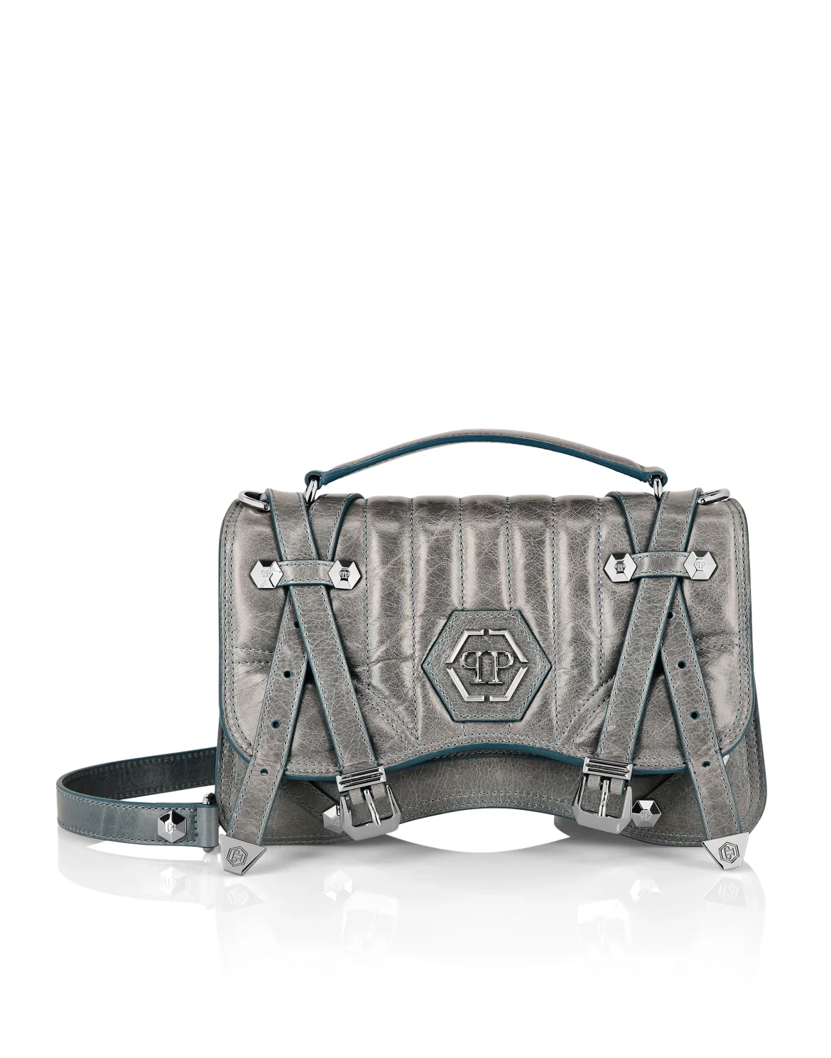 Shiny Crackle Leather Belt Handle Bag Medium Hexagon, цвет: Голубой