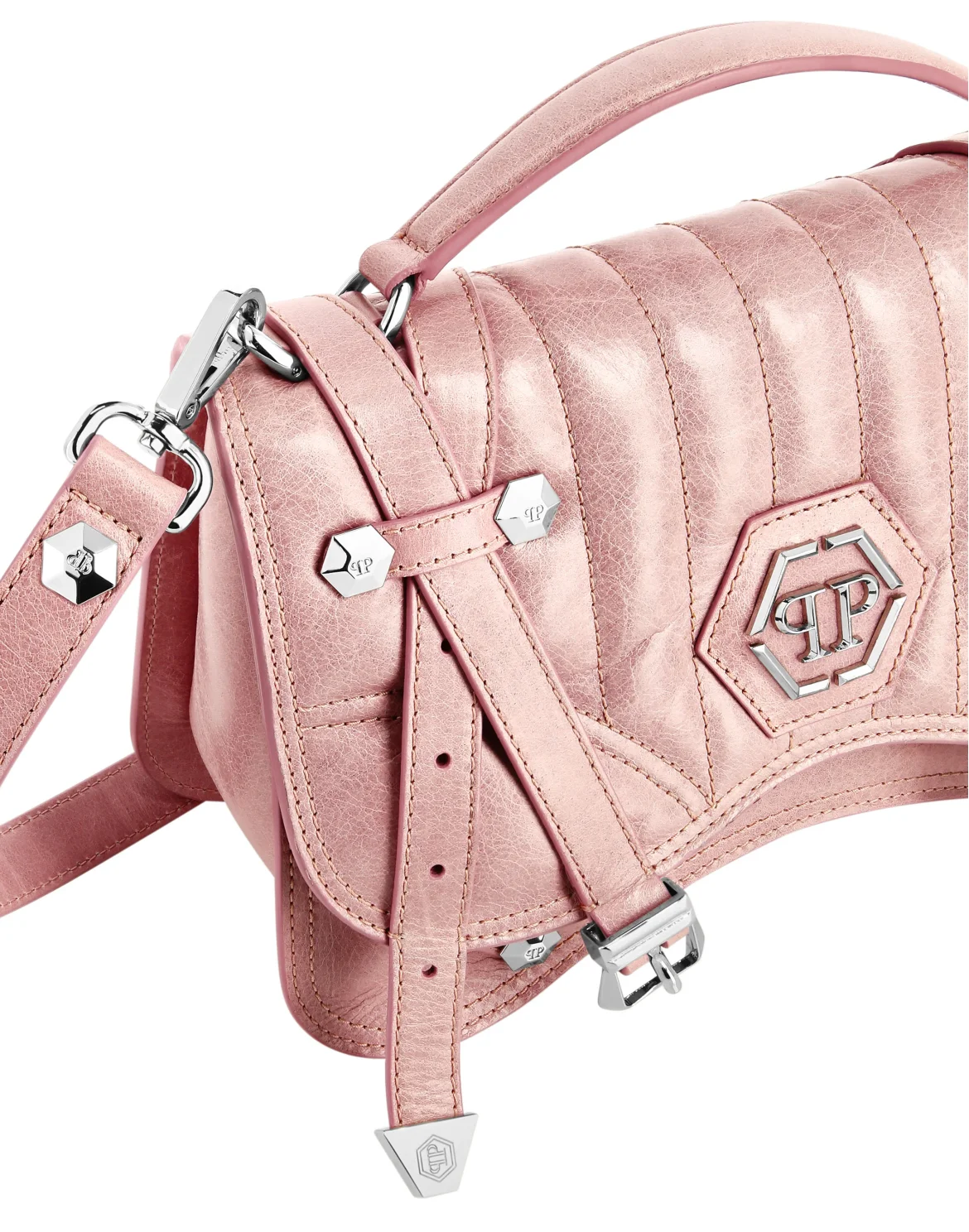 Shiny Crackle Leather Belt Handle Bag Medium Hexagon, цвет: Бежевый