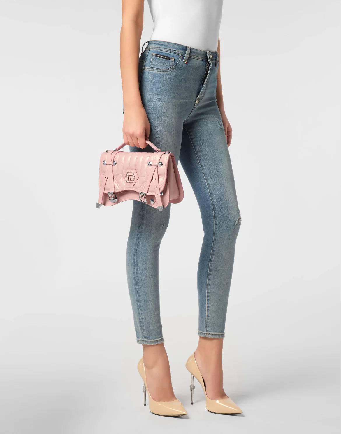 Shiny Crackle Leather Belt Handle Bag Medium Hexagon, цвет: Бежевый