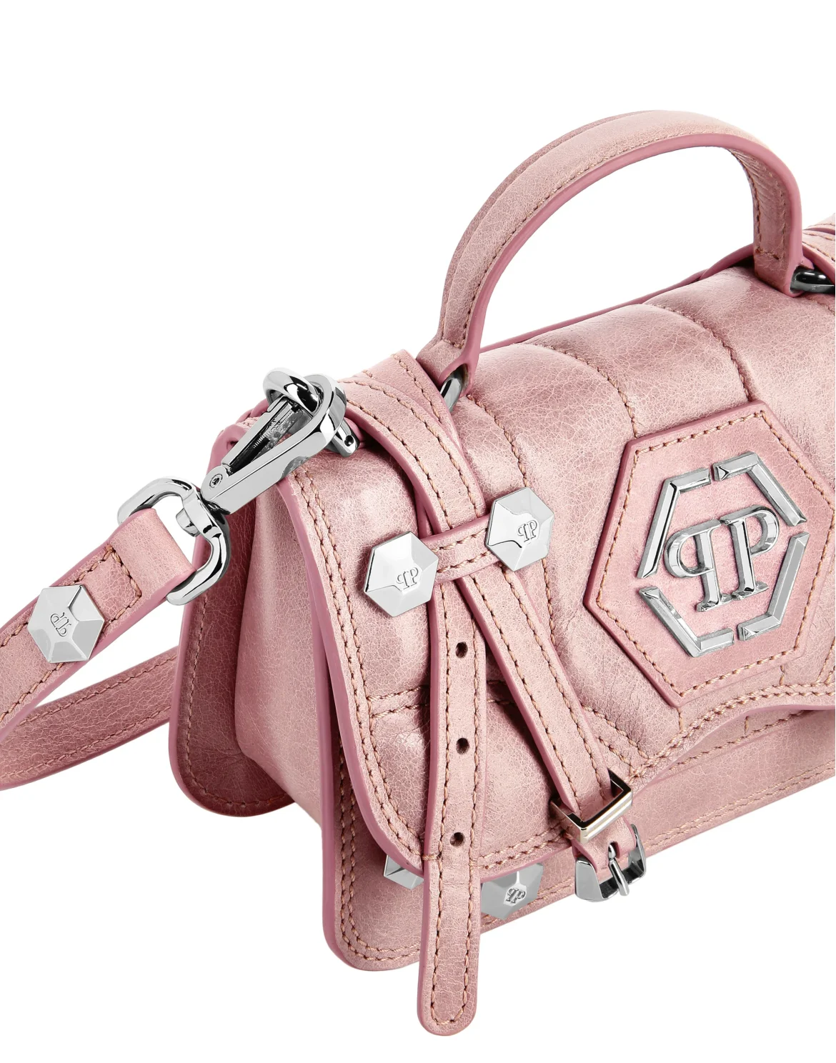 Shiny Crackle Leather Belt Handle Bag Small Hexagon, цвет: Бежевый
