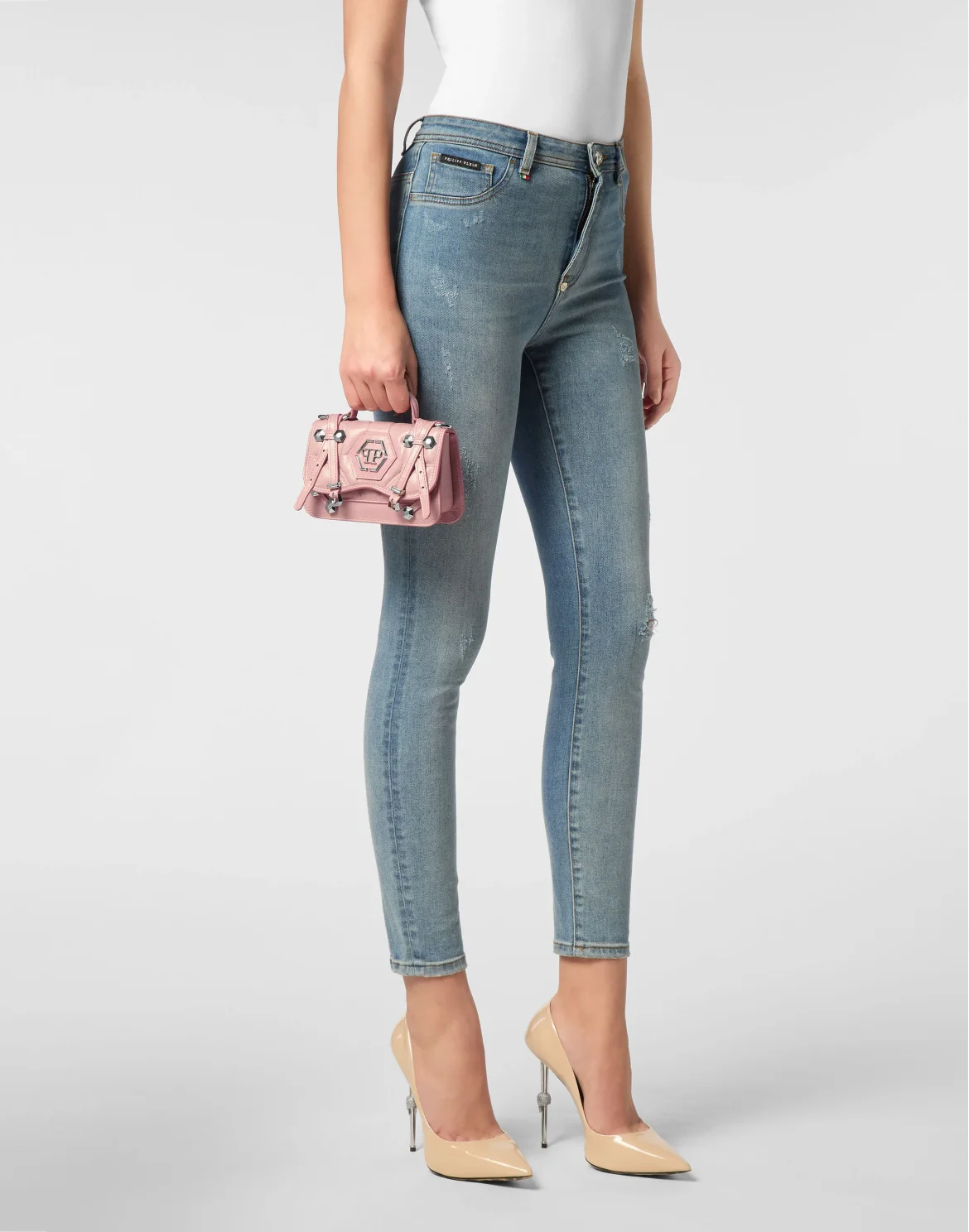 Shiny Crackle Leather Belt Handle Bag Small Hexagon, цвет: Бежевый