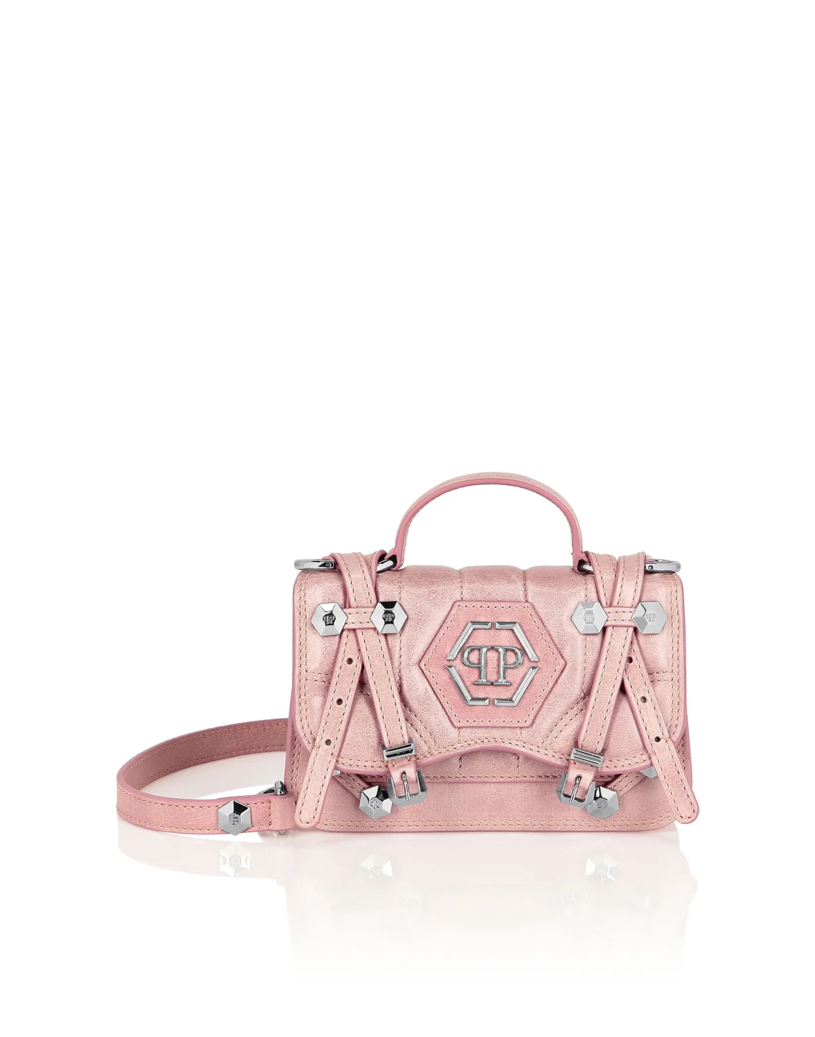 Shiny Crackle Leather Belt Handle Bag Small Hexagon, цвет: Бежевый