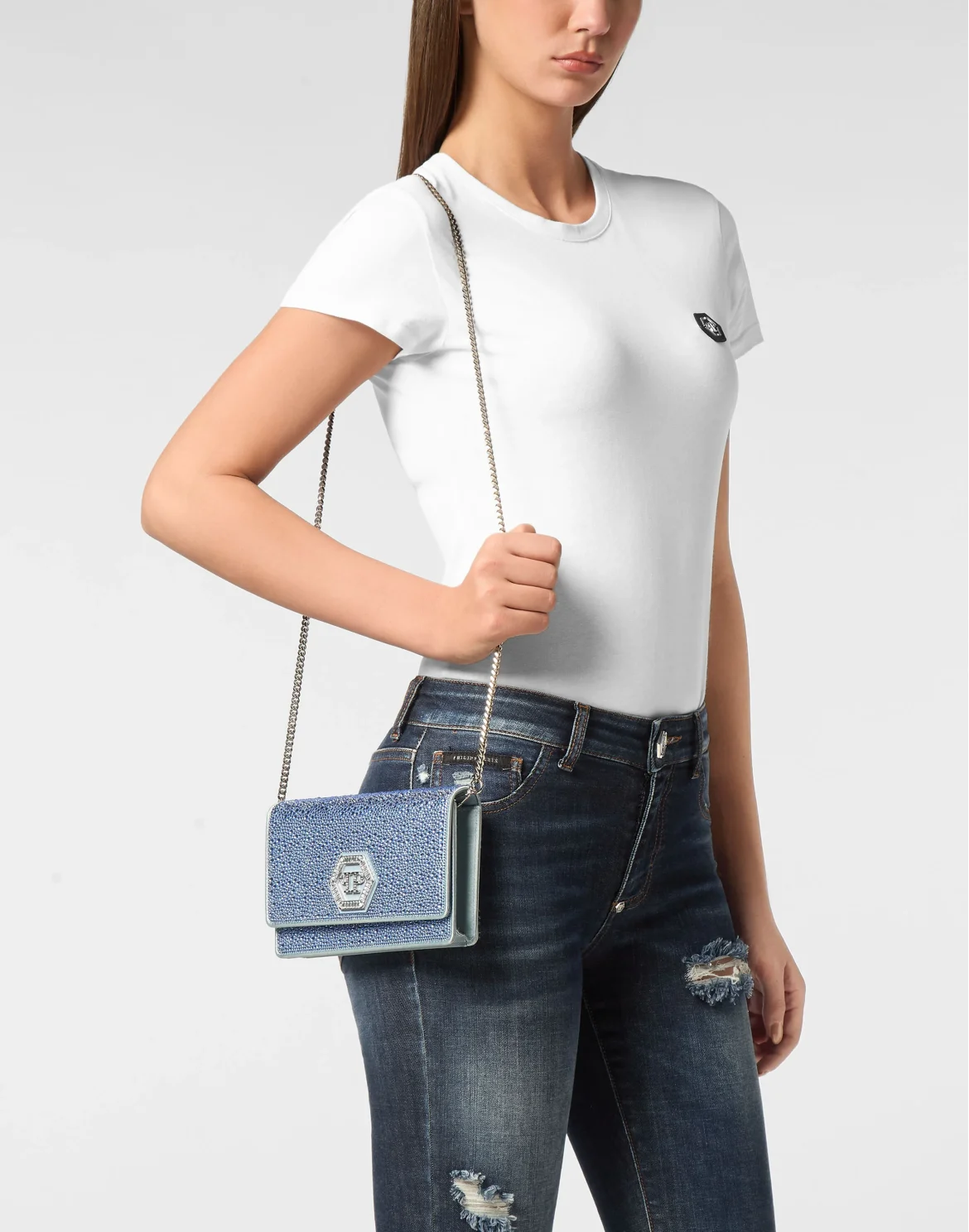 Suede Mini Shoulder Strass Hexagon, цвет: Голубой