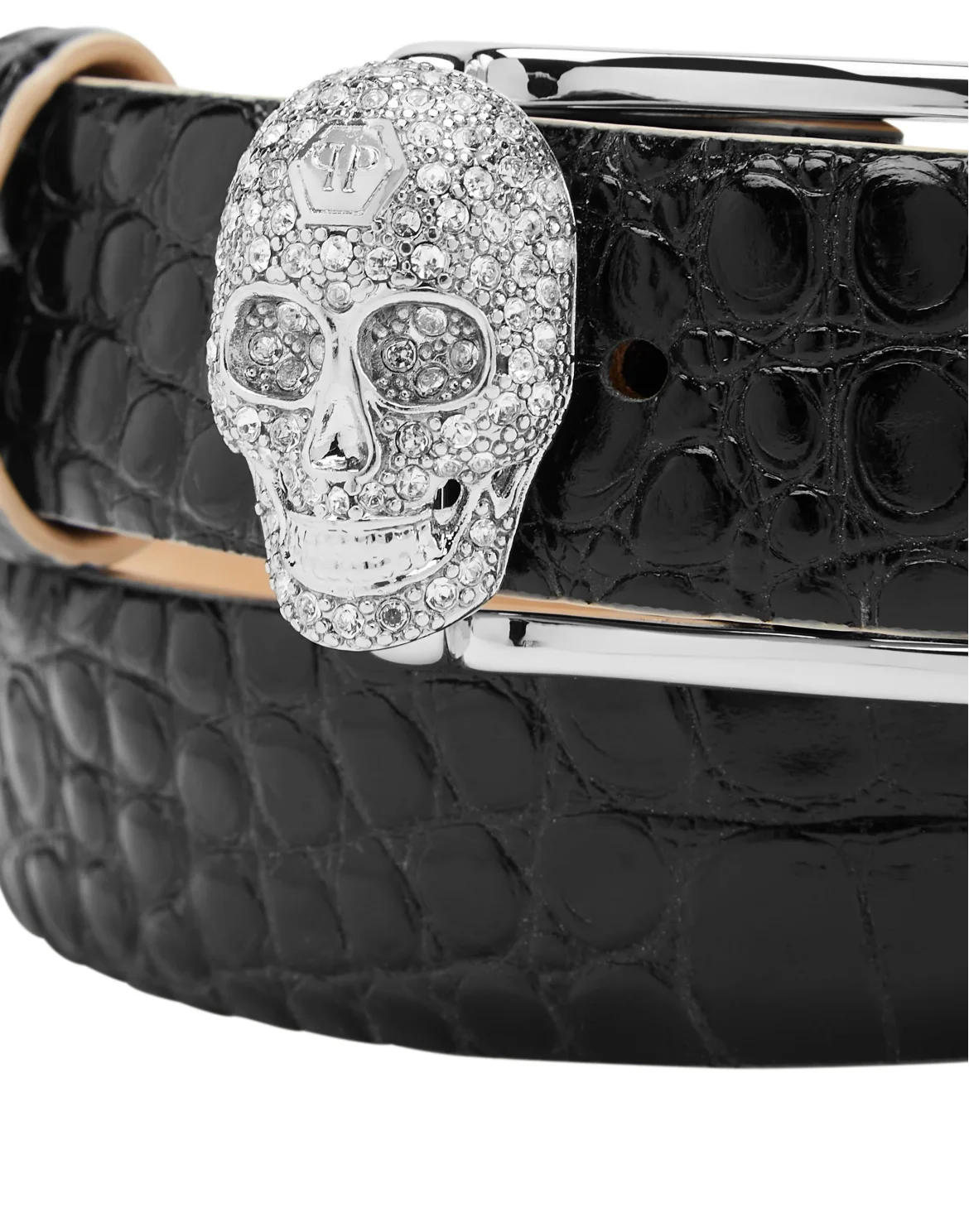 Leather Belt Crocco Print Shiny Skull, цвет: Черный
