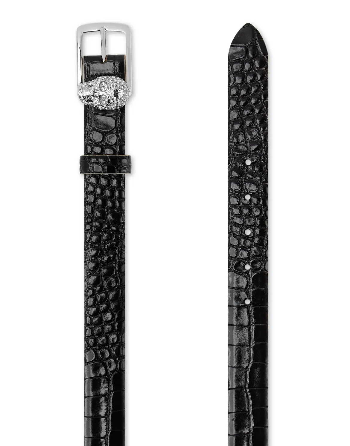Leather Belt Crocco Print Shiny Skull, цвет: Черный