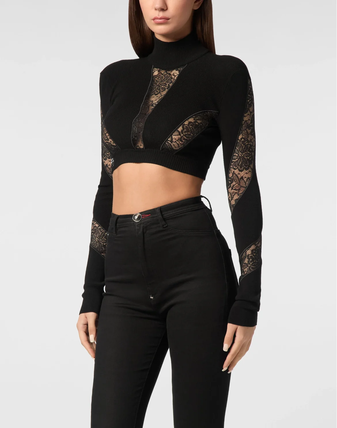 Lace Knit Long Sleeve T-shirt, цвет: Черный