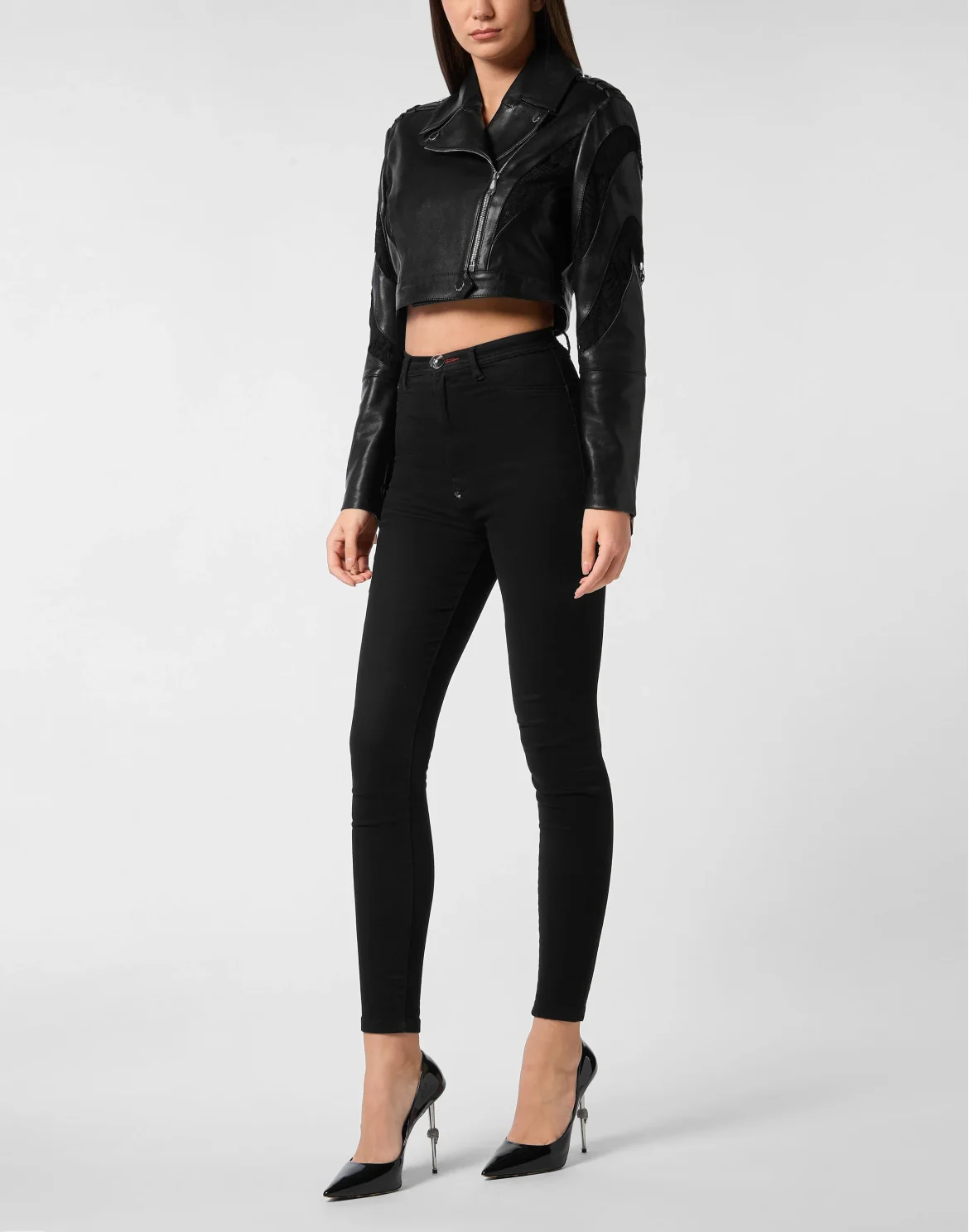Lace Leather Multicutting Biker Jacket, цвет: Черный