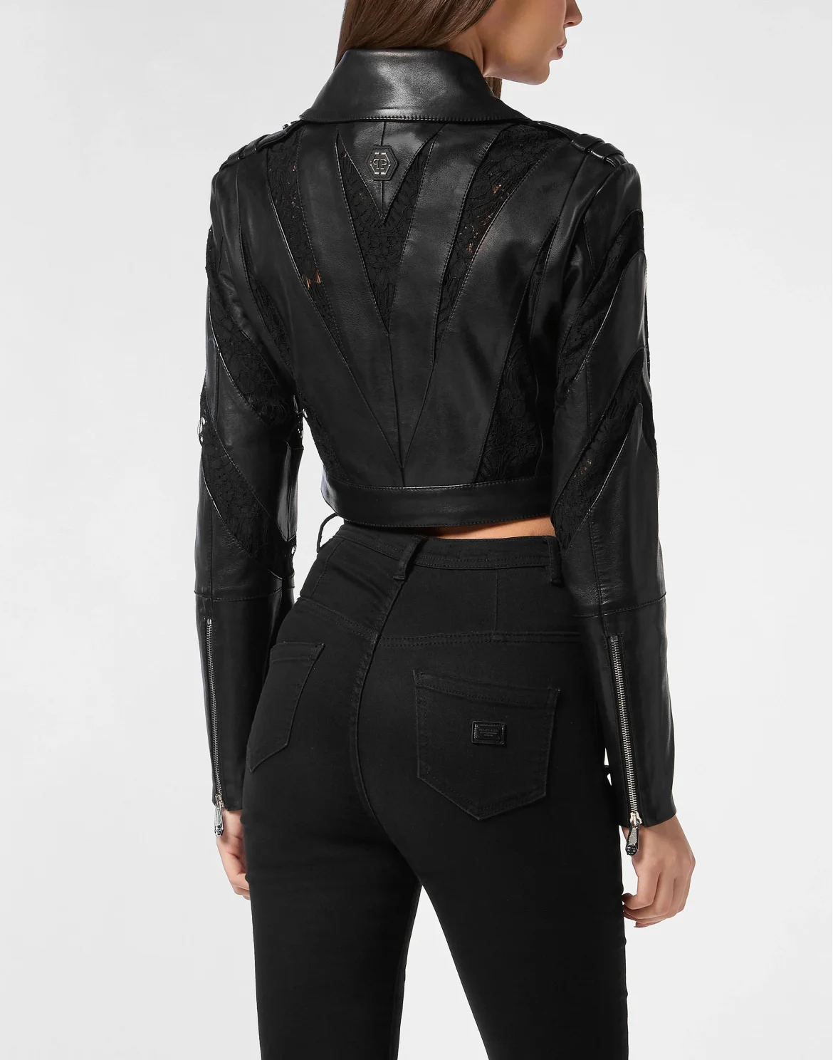 Lace Leather Multicutting Biker Jacket, цвет: Черный