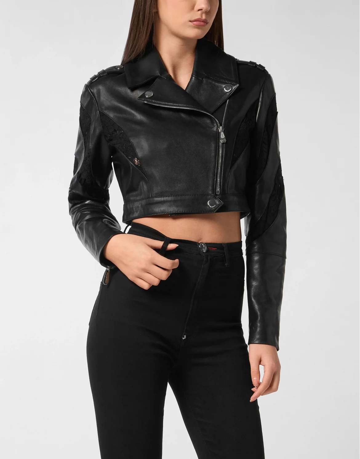 Lace Leather Multicutting Biker Jacket, цвет: Черный