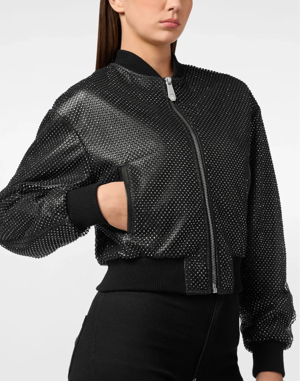 Leather Crop Bomber Crystal, цвет: Черный