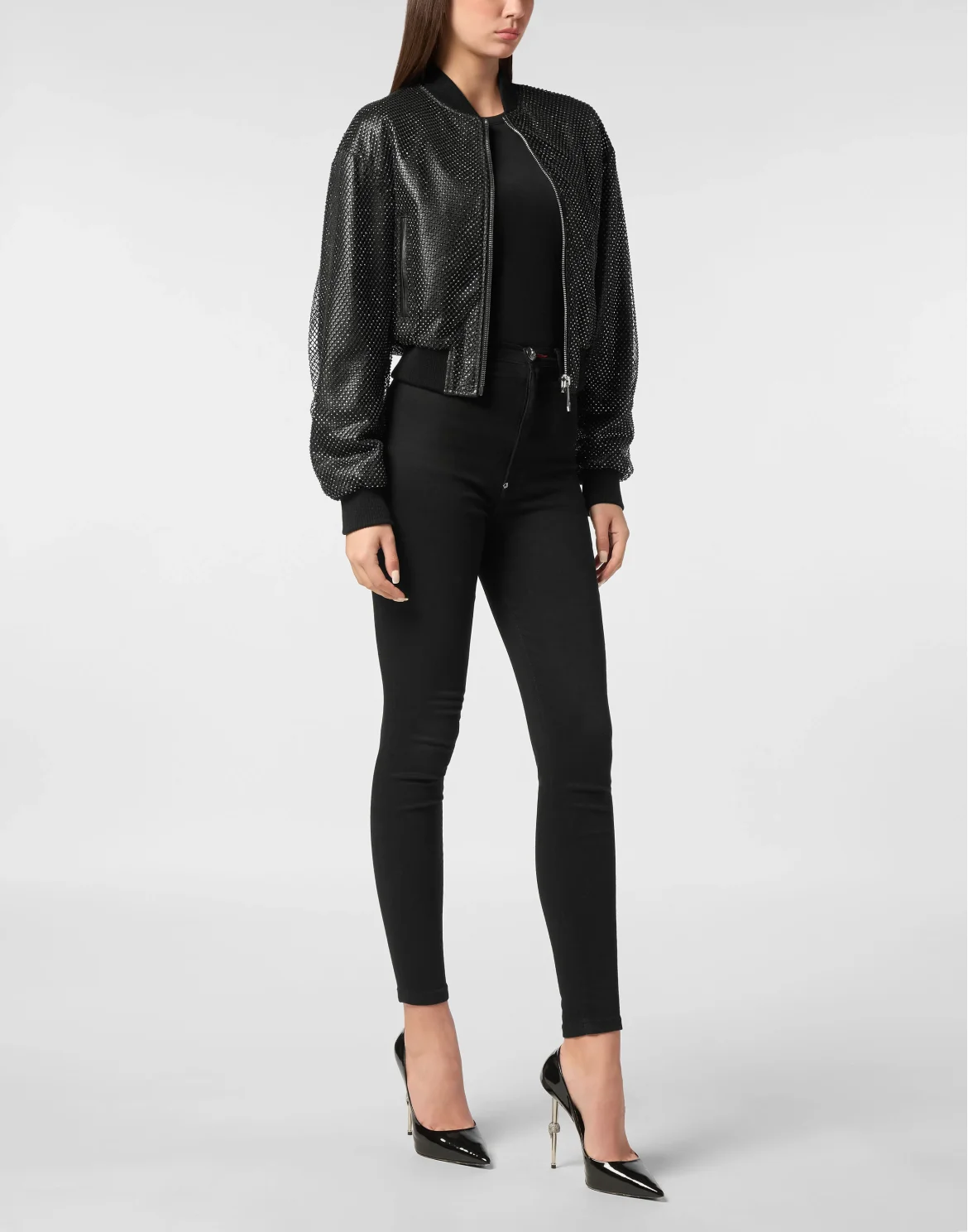 Leather Crop Bomber Crystal, цвет: Черный