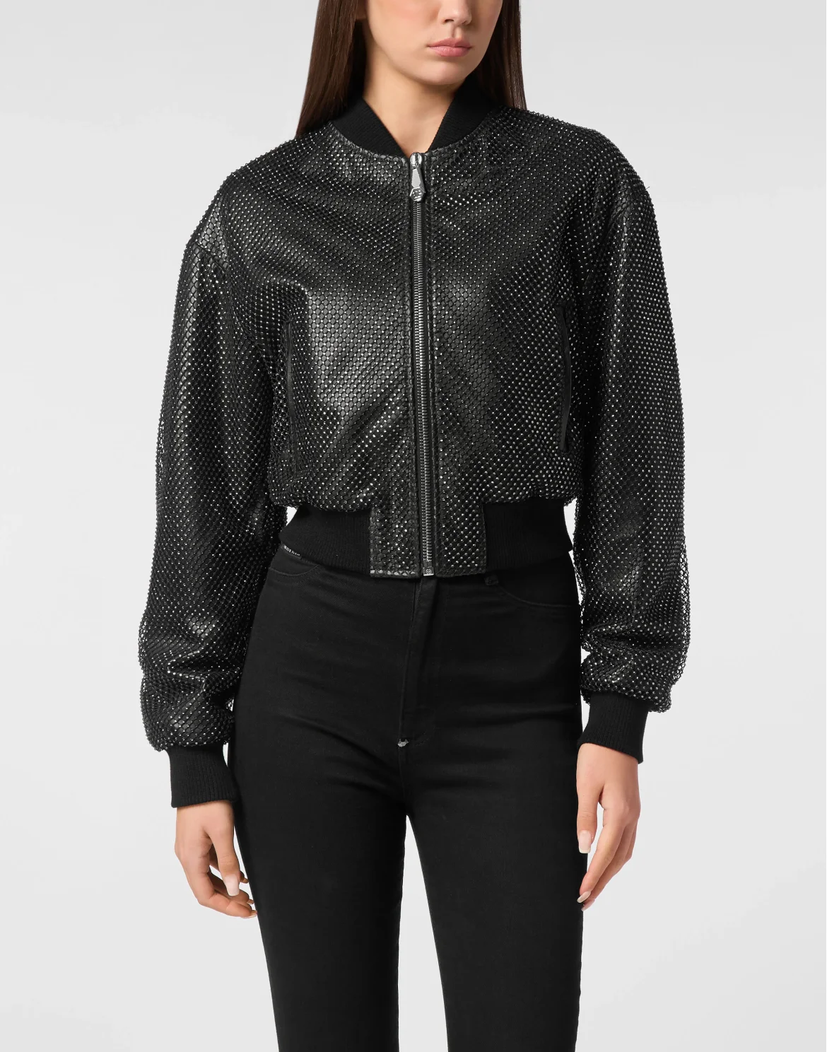 Leather Crop Bomber Crystal, цвет: Черный