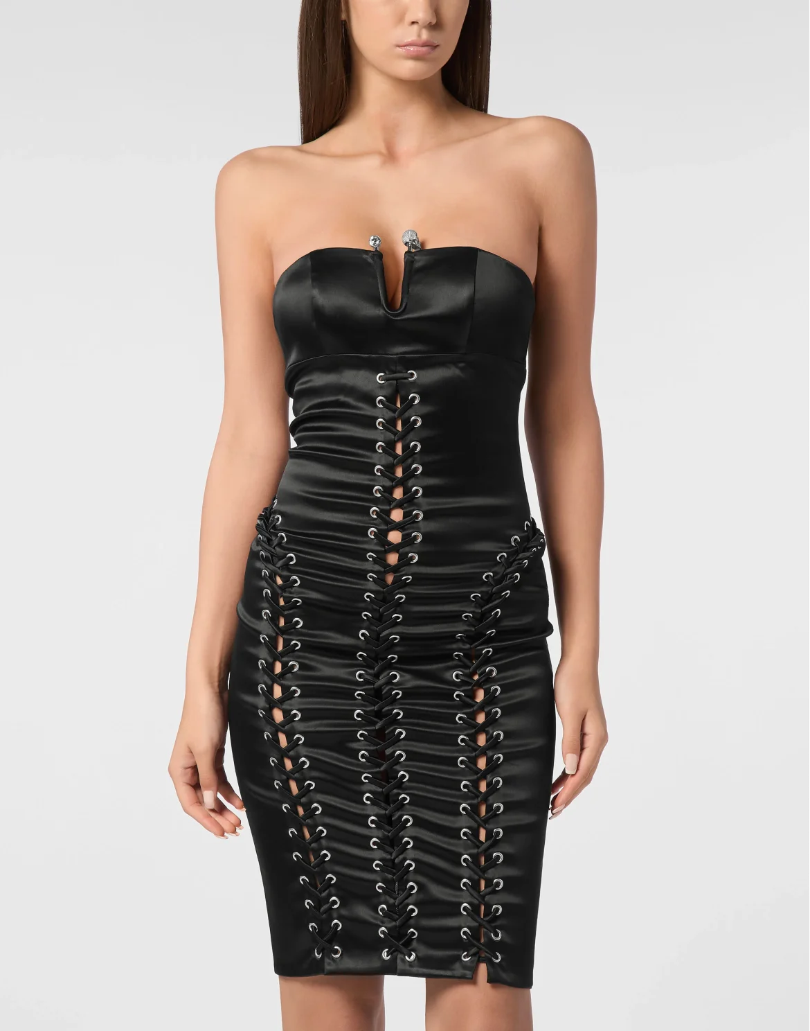 Satin Criss Cross Corset-Style Midi Dress Piercing, цвет: Черный