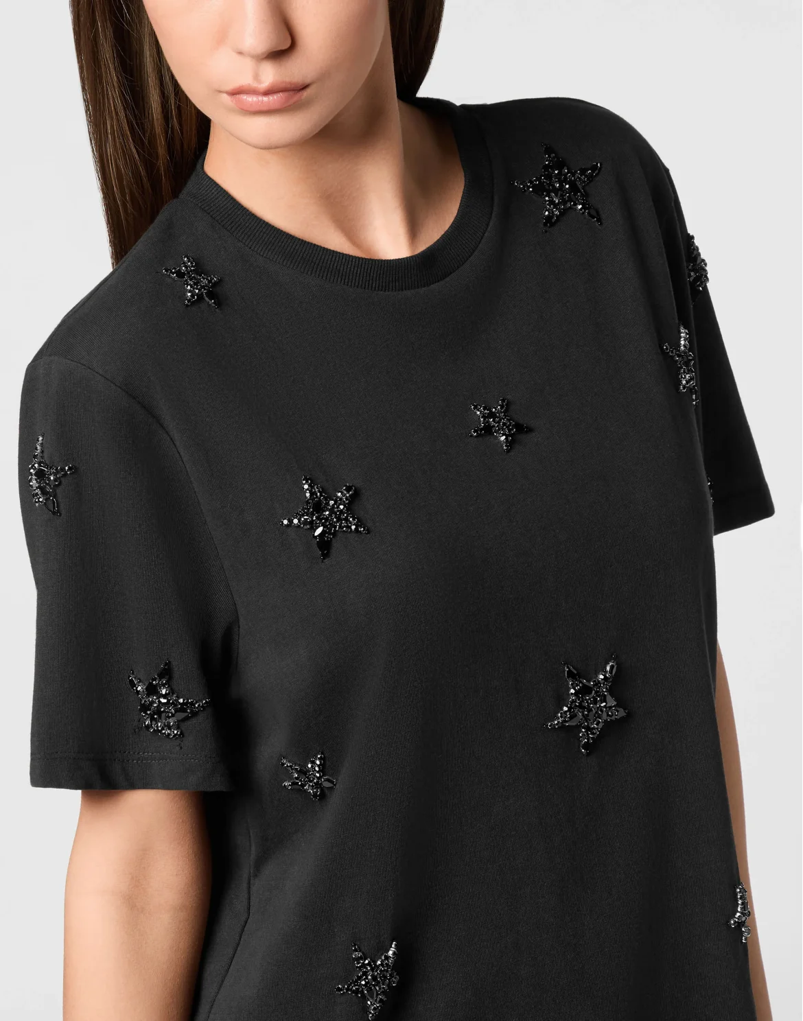 Jersey T-Shirt Man Fit Round Neck SS Stars Embroidery, цвет: Черный