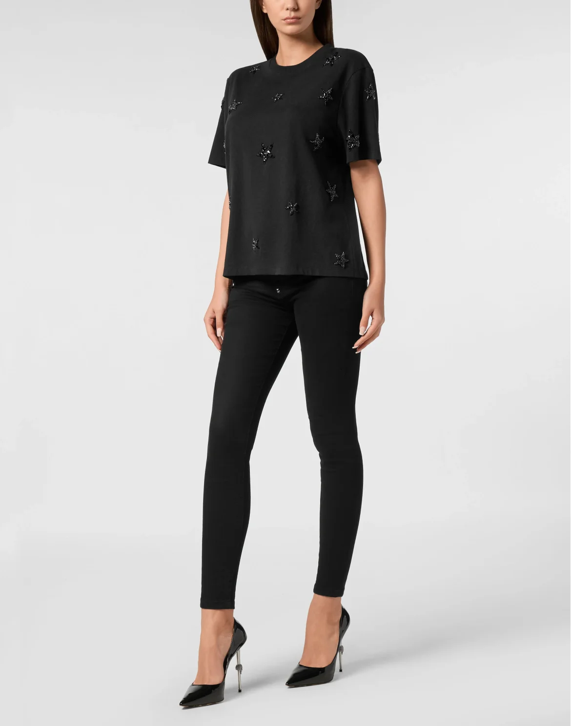 Jersey T-Shirt Man Fit Round Neck SS Stars Embroidery, цвет: Черный