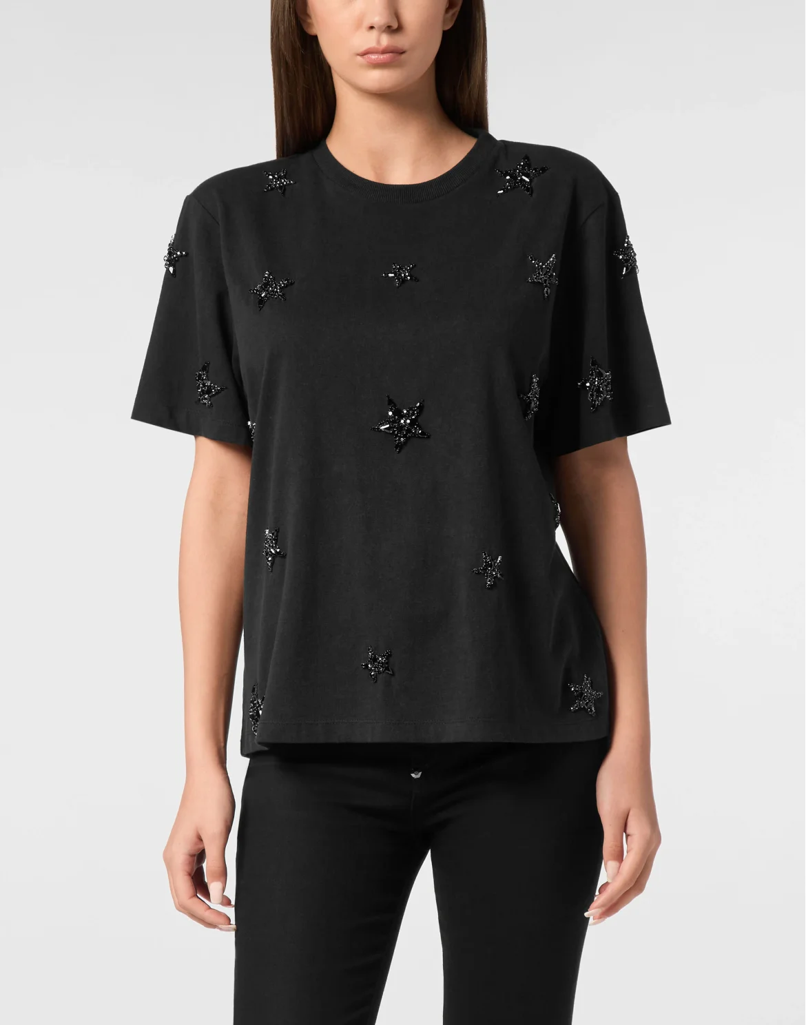 Jersey T-Shirt Man Fit Round Neck SS Stars Embroidery, цвет: Черный