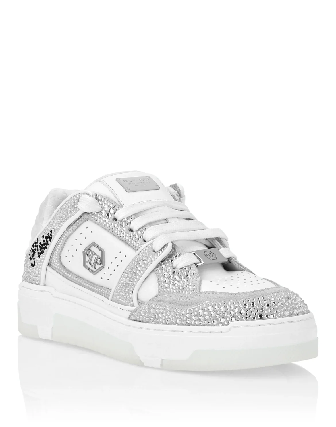 Mix Leather Lo-Top Sneakers Strass Hexagon, цвет: Белый