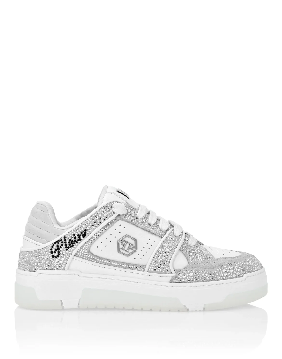 Mix Leather Lo-Top Sneakers Strass Hexagon, цвет: Белый