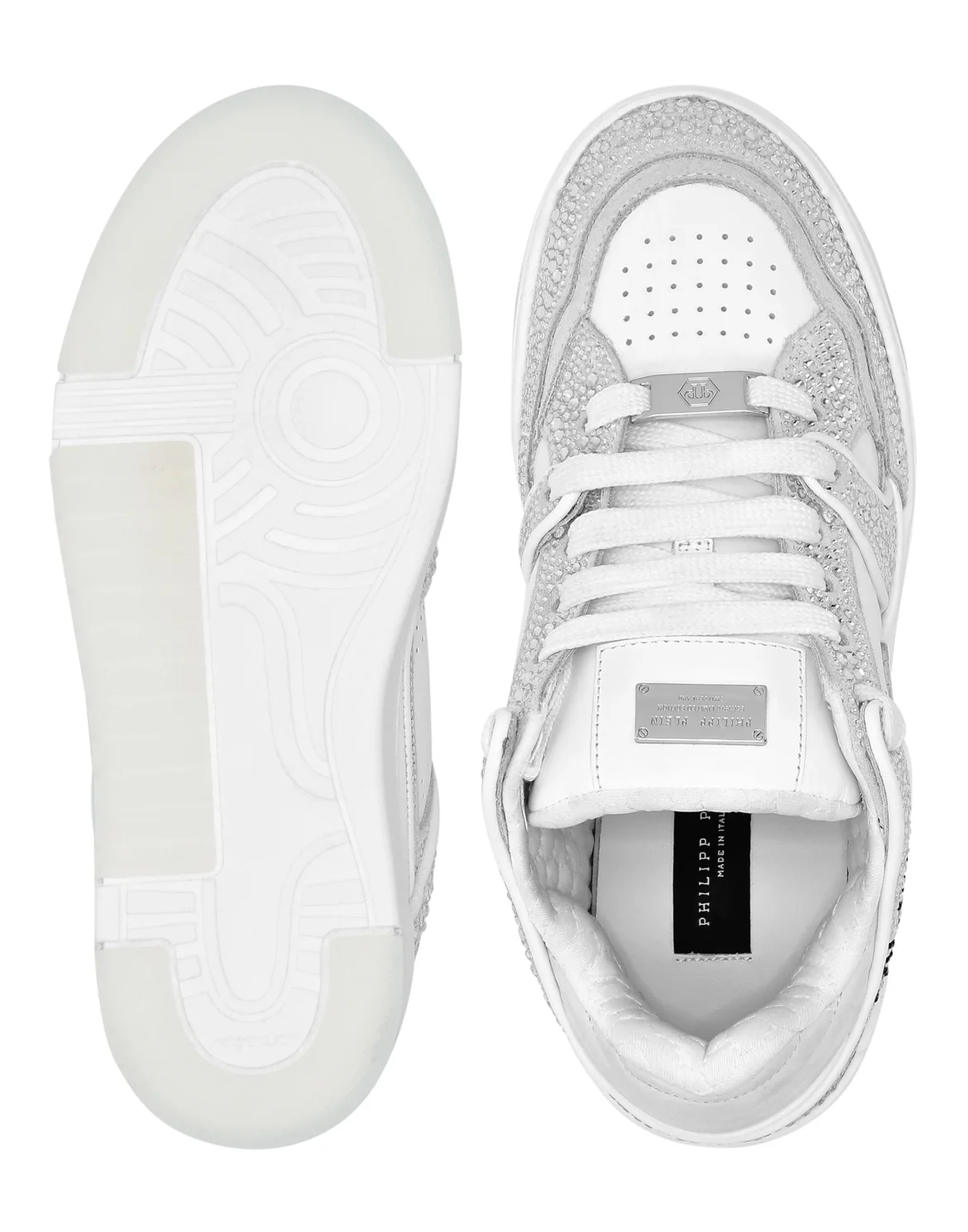 Mix Leather Lo-Top Sneakers Strass Hexagon, цвет: Белый