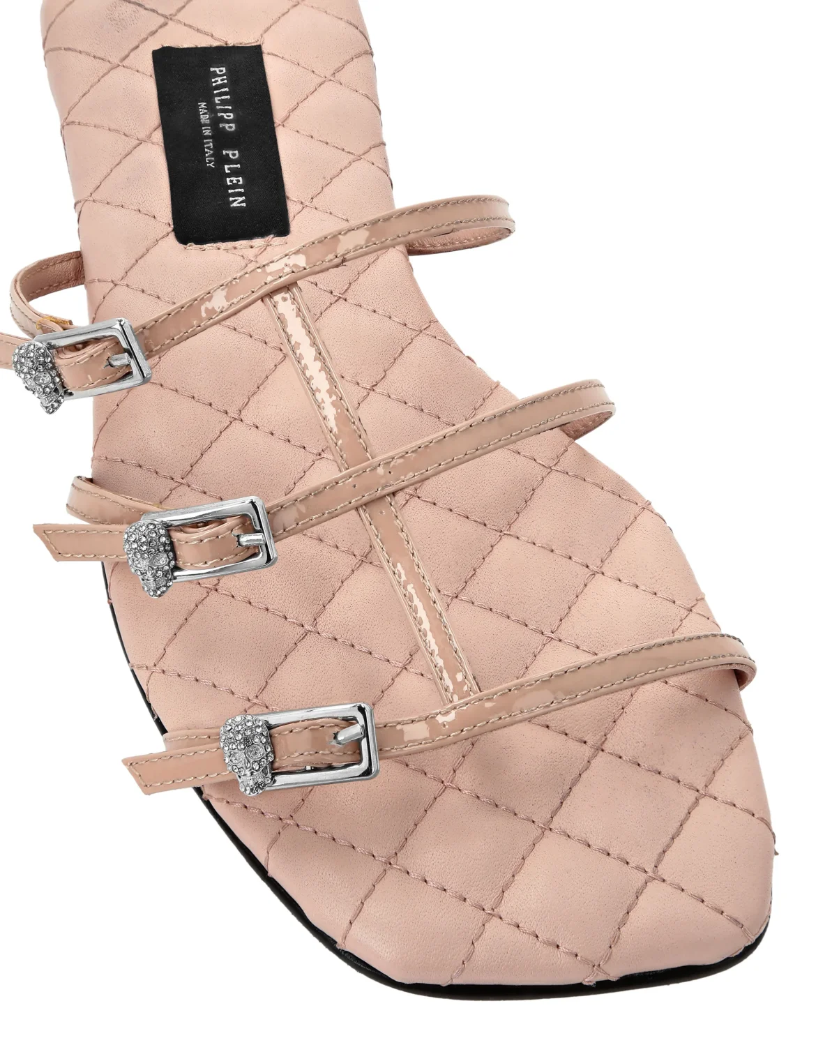 Patent Leather Flat Slides Skull Buckle, цвет: Бежевый