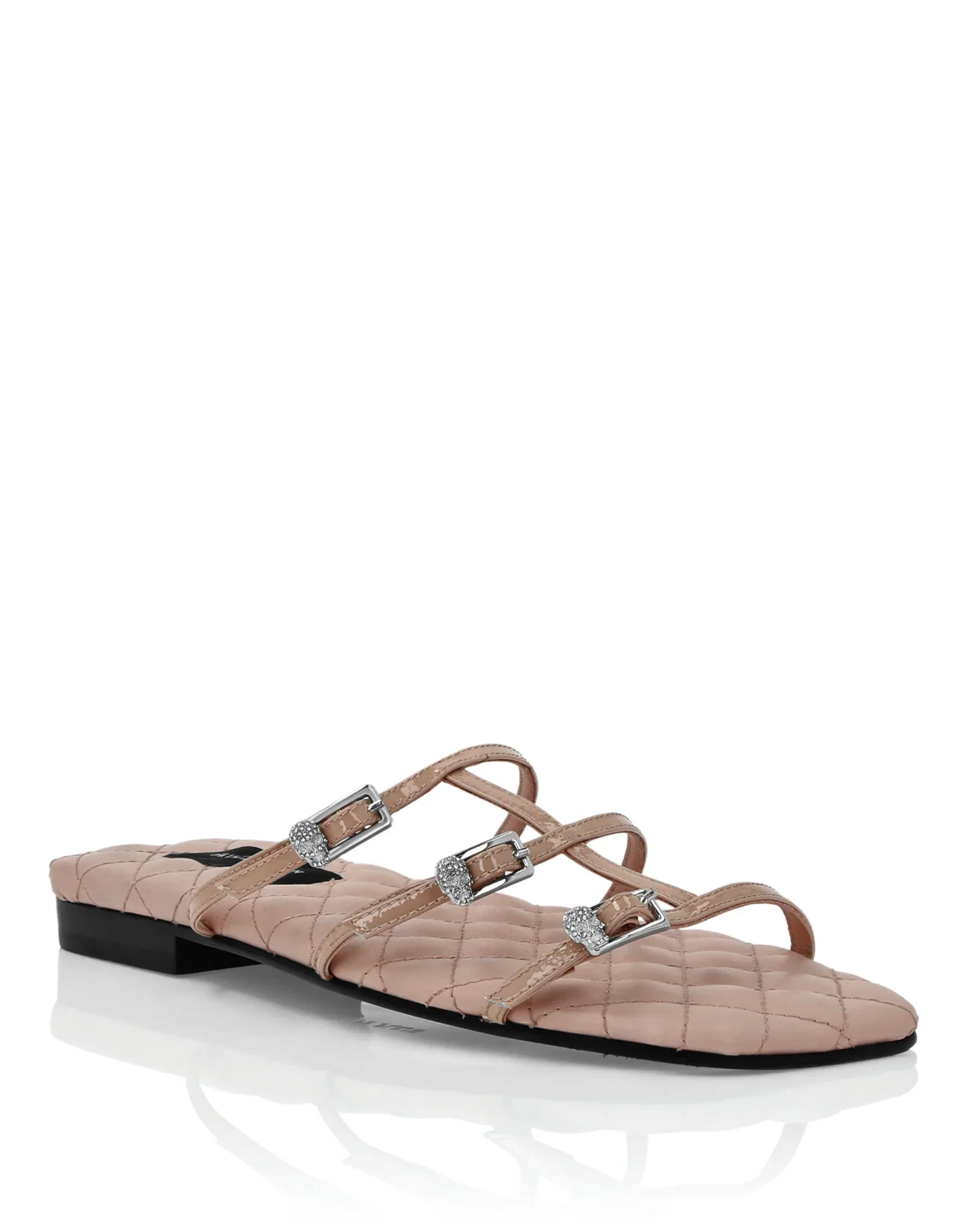 Patent Leather Flat Slides Skull Buckle, цвет: Бежевый