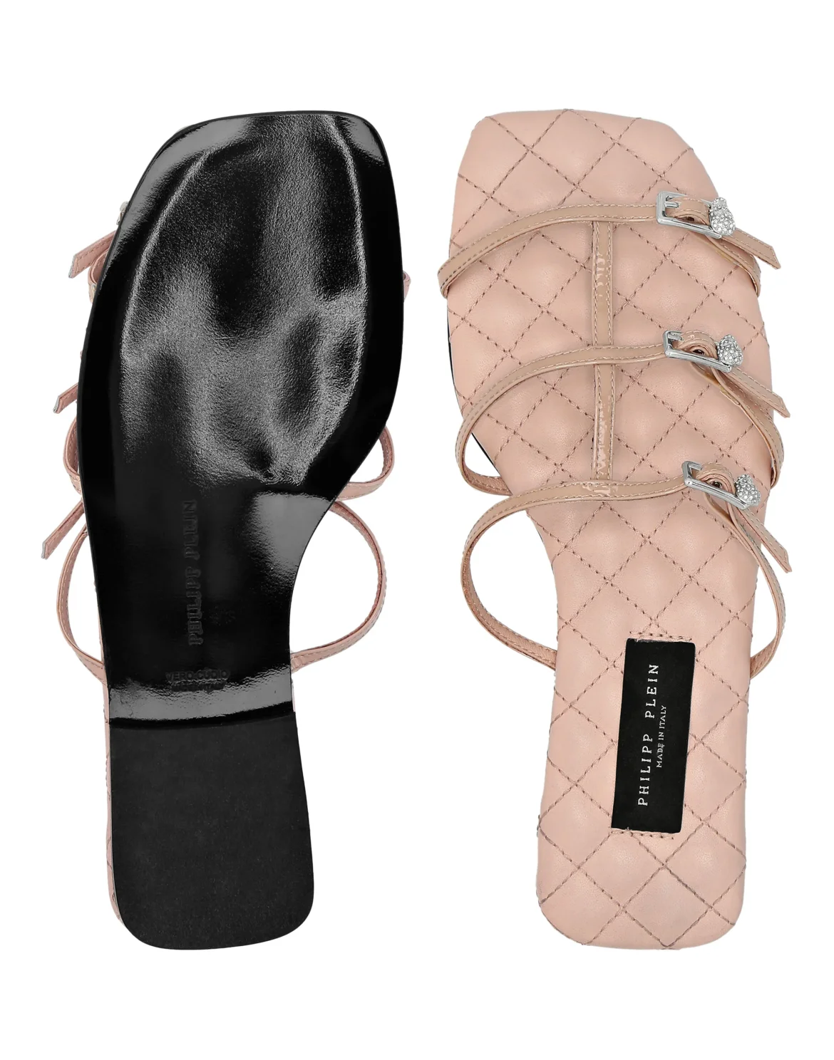 Patent Leather Flat Slides Skull Buckle, цвет: Бежевый