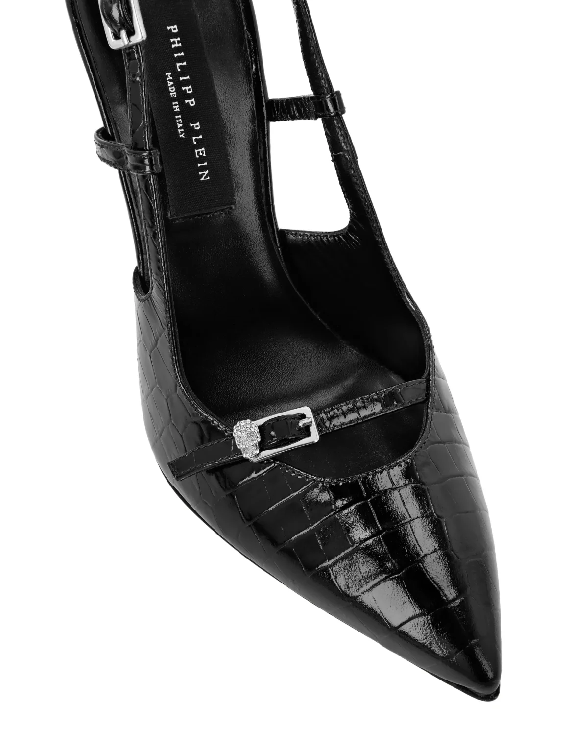 Slingback High Heels Crocco Print Buckle Skull, цвет: Черный
