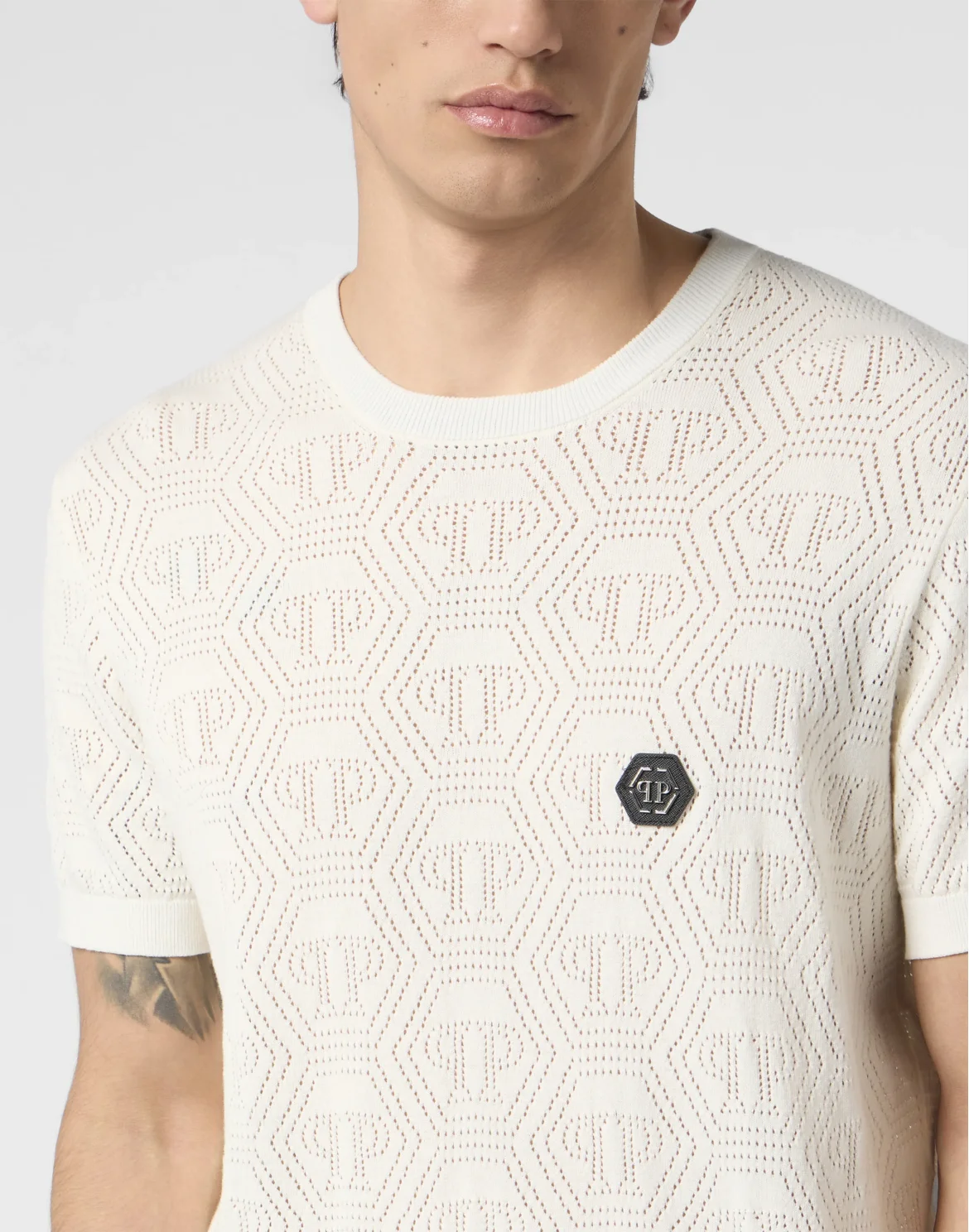 Round Neck T-Shirt Openwork Monogram, цвет: Бежевый