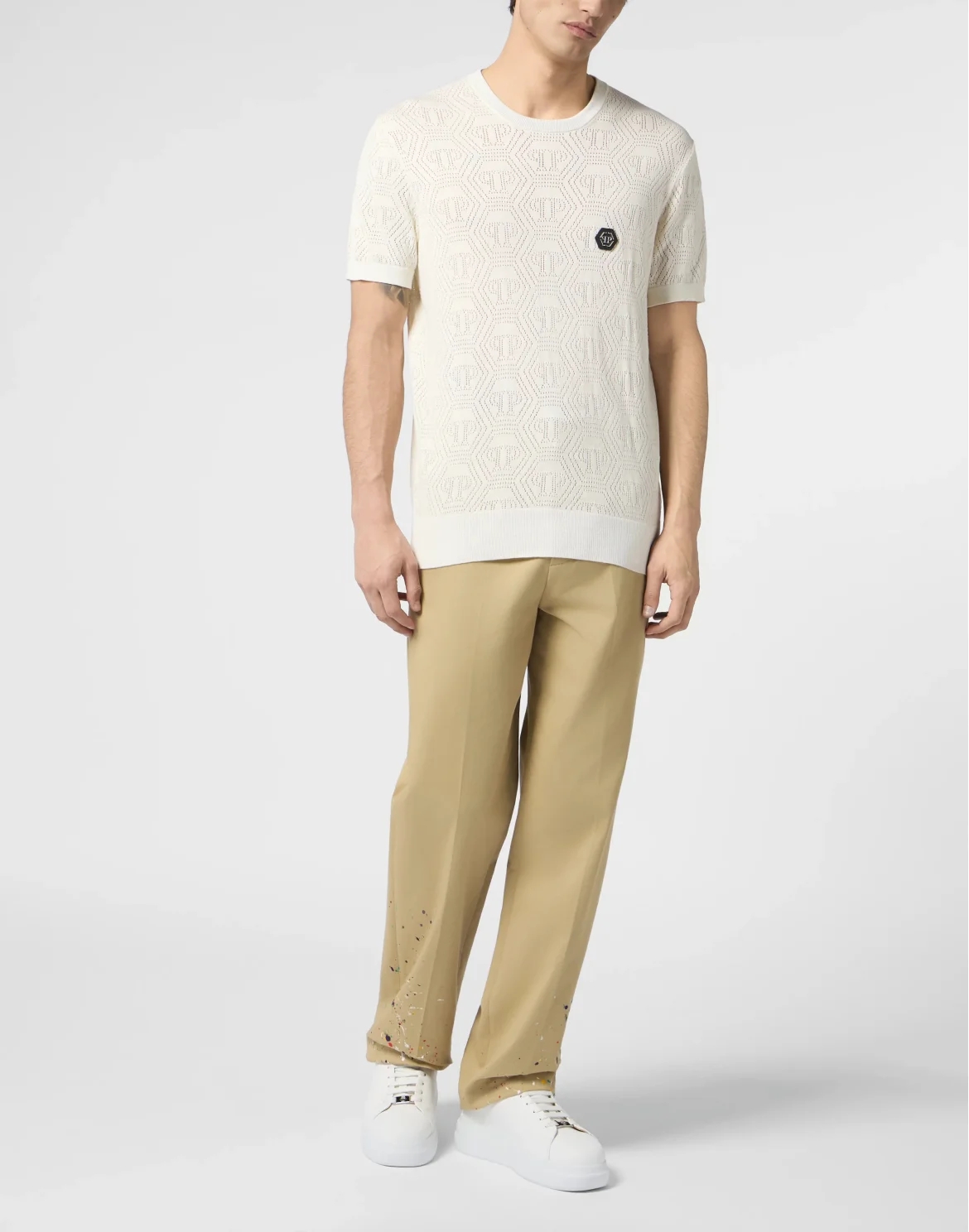 Round Neck T-Shirt Openwork Monogram, цвет: Бежевый