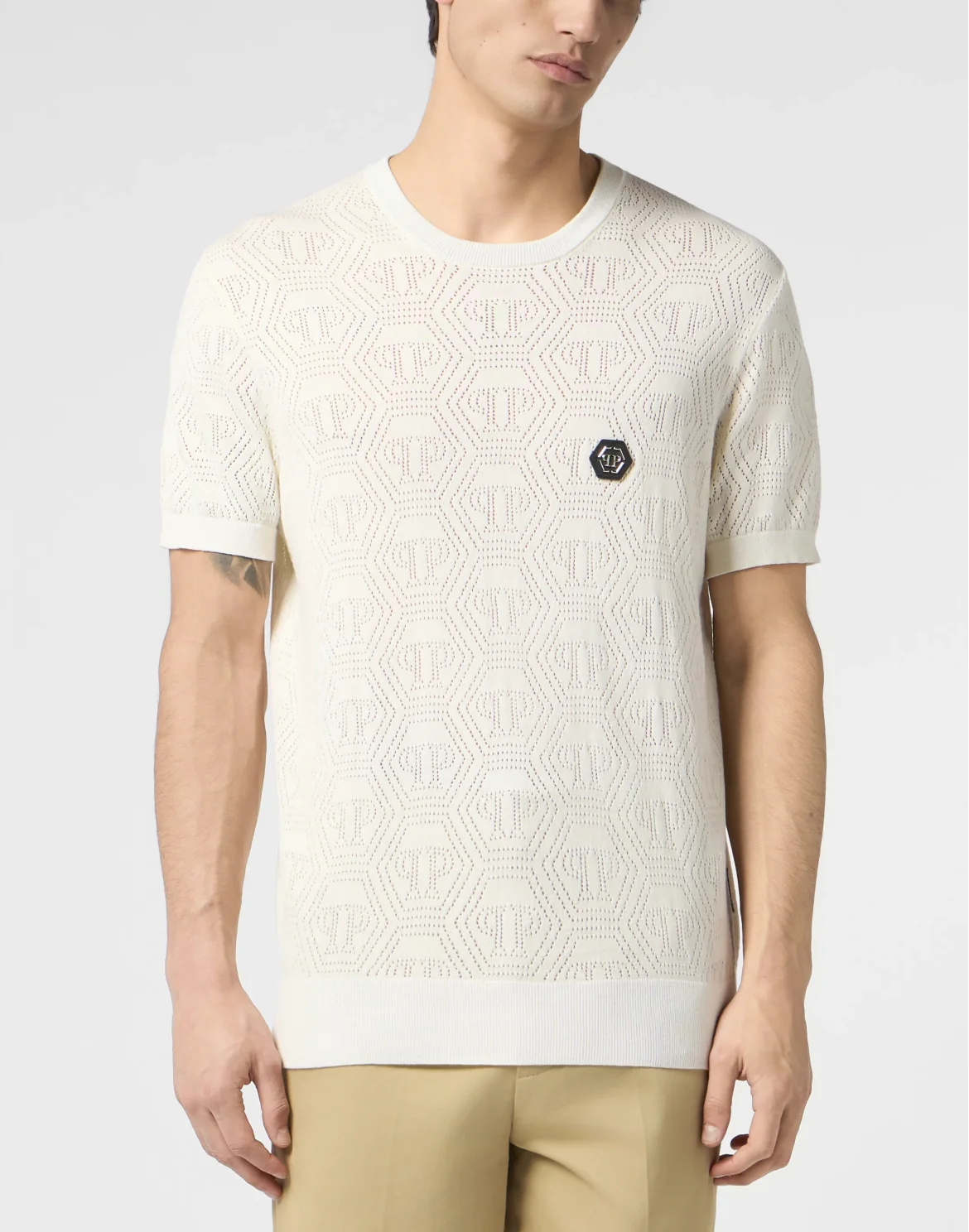 Round Neck T-Shirt Openwork Monogram, цвет: Бежевый