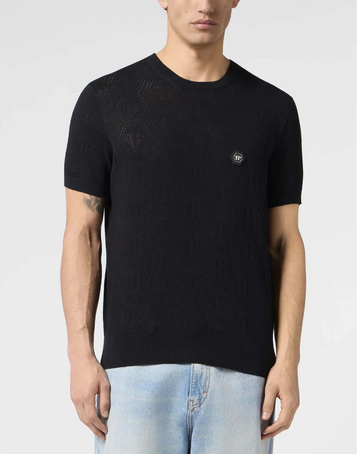 Round Neck T-Shirt Openwork Monogram, цвет: Черный