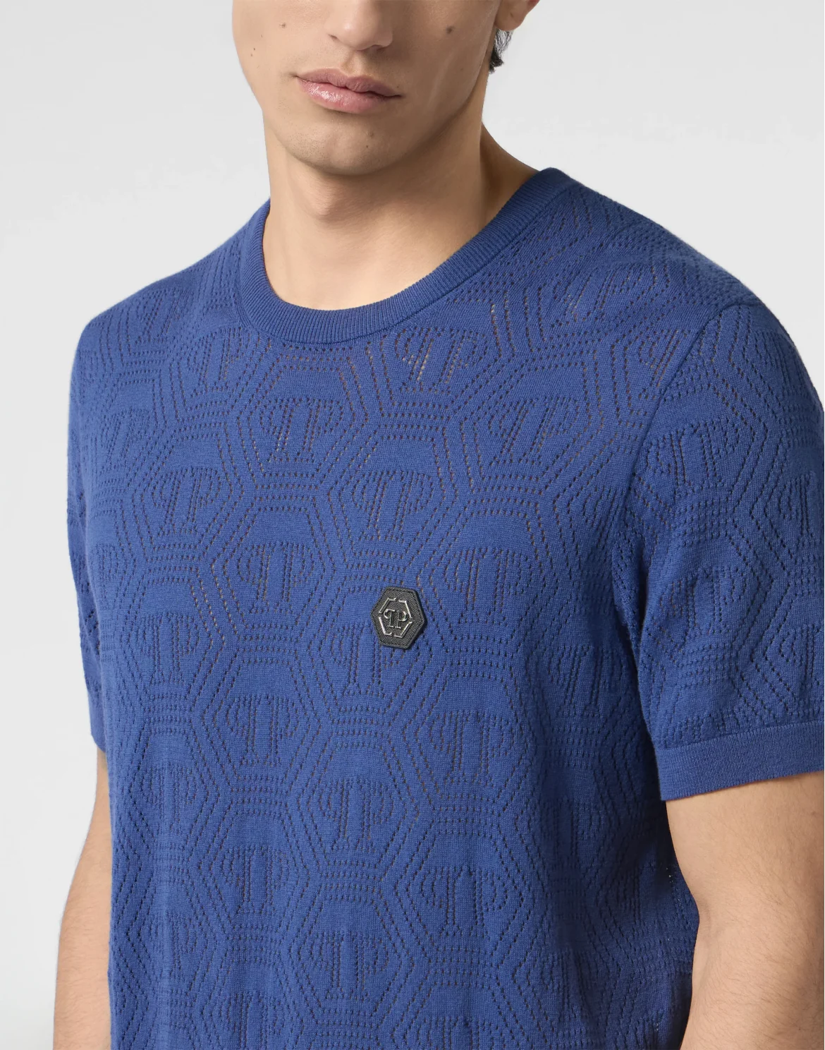 Round Neck T-Shirt Openwork Monogram, цвет: Синий