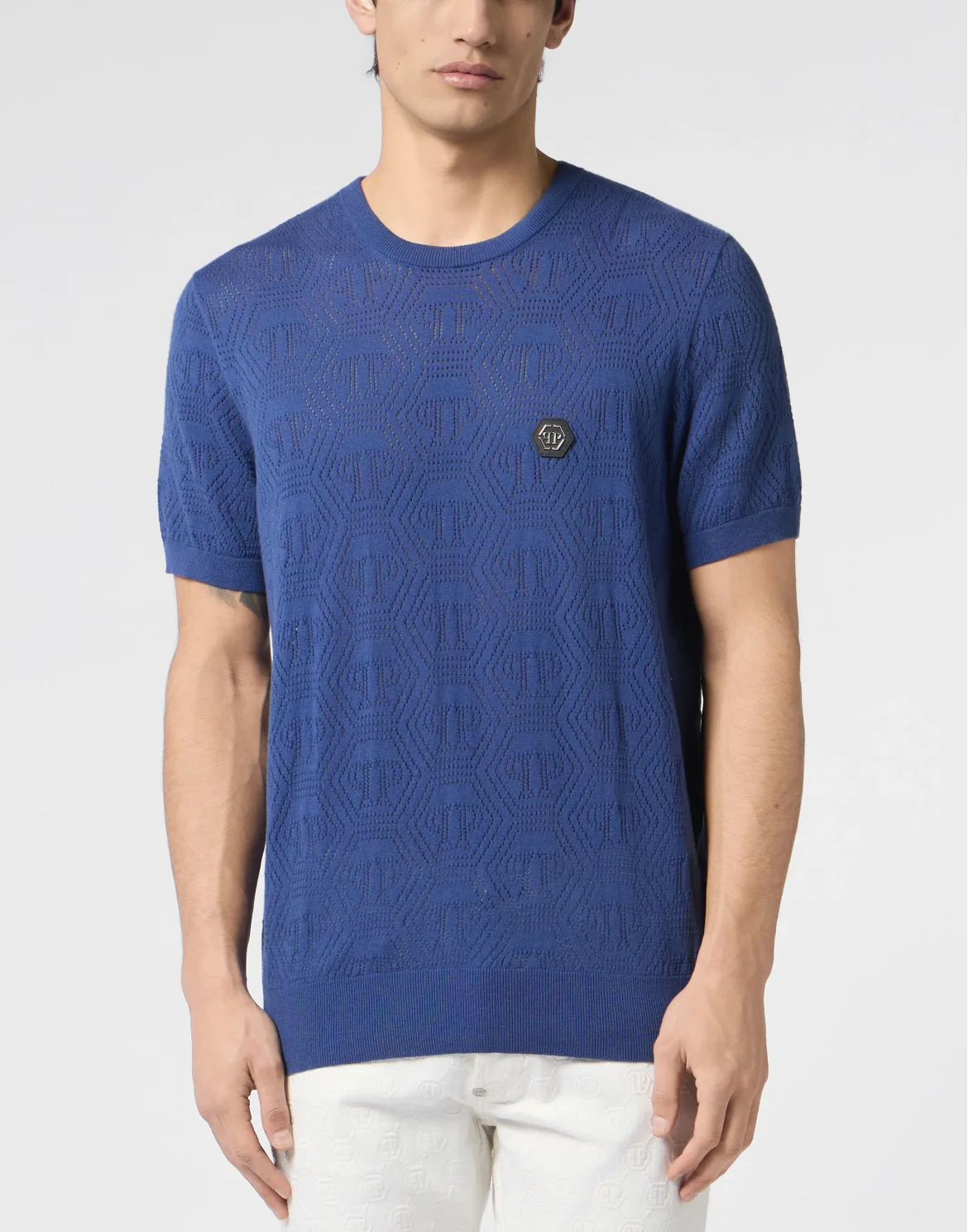 Round Neck T-Shirt Openwork Monogram, цвет: Синий