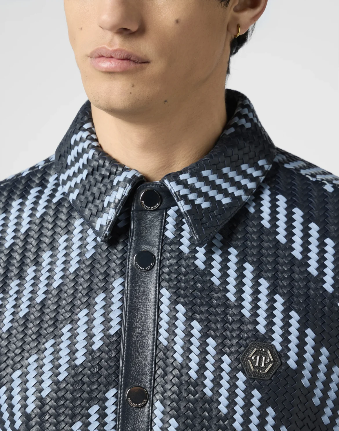 Weaved Leather Shortsleeve Shirt Stripes, цвет: Синий