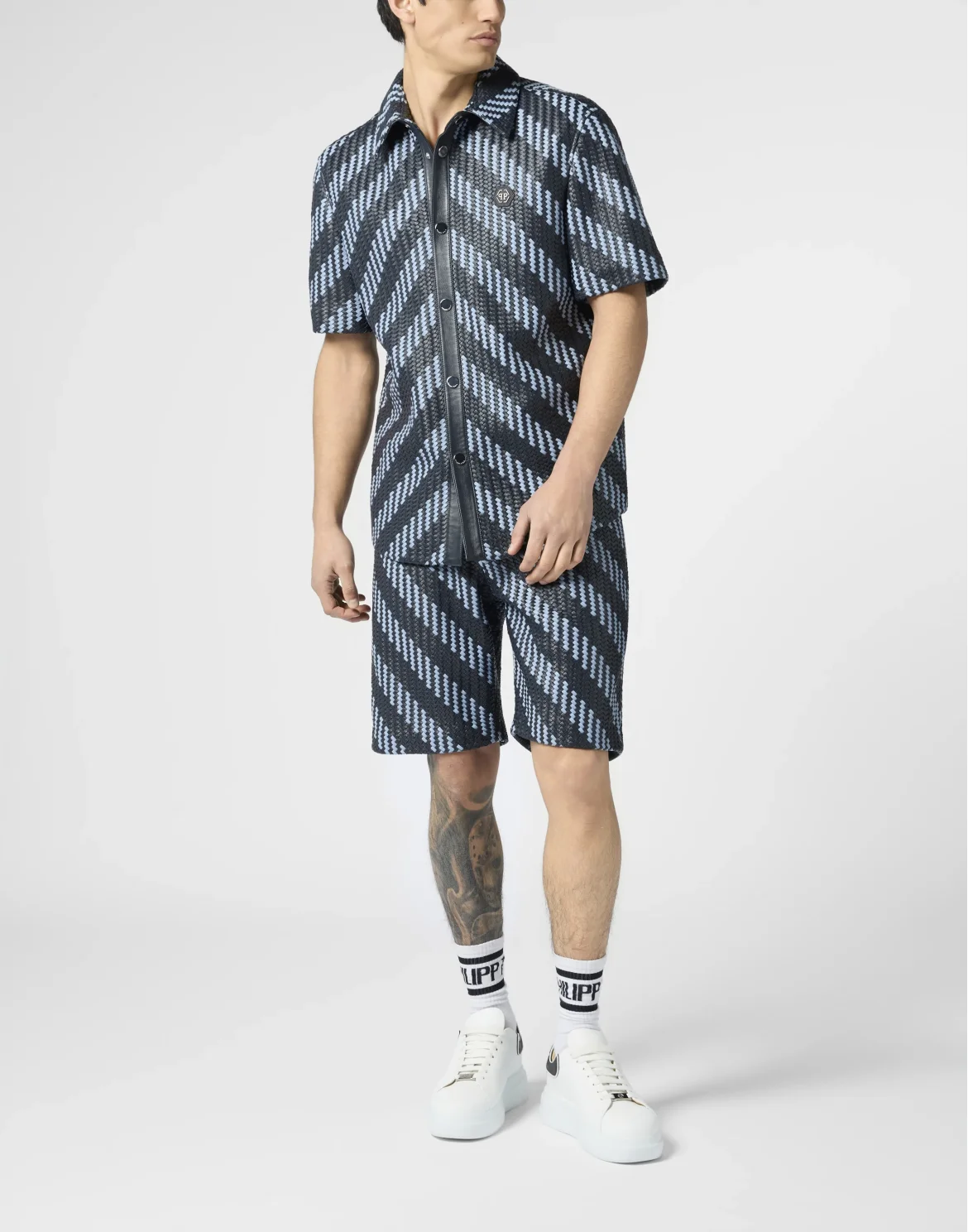 Weaved Leather Shortsleeve Shirt Stripes, цвет: Синий