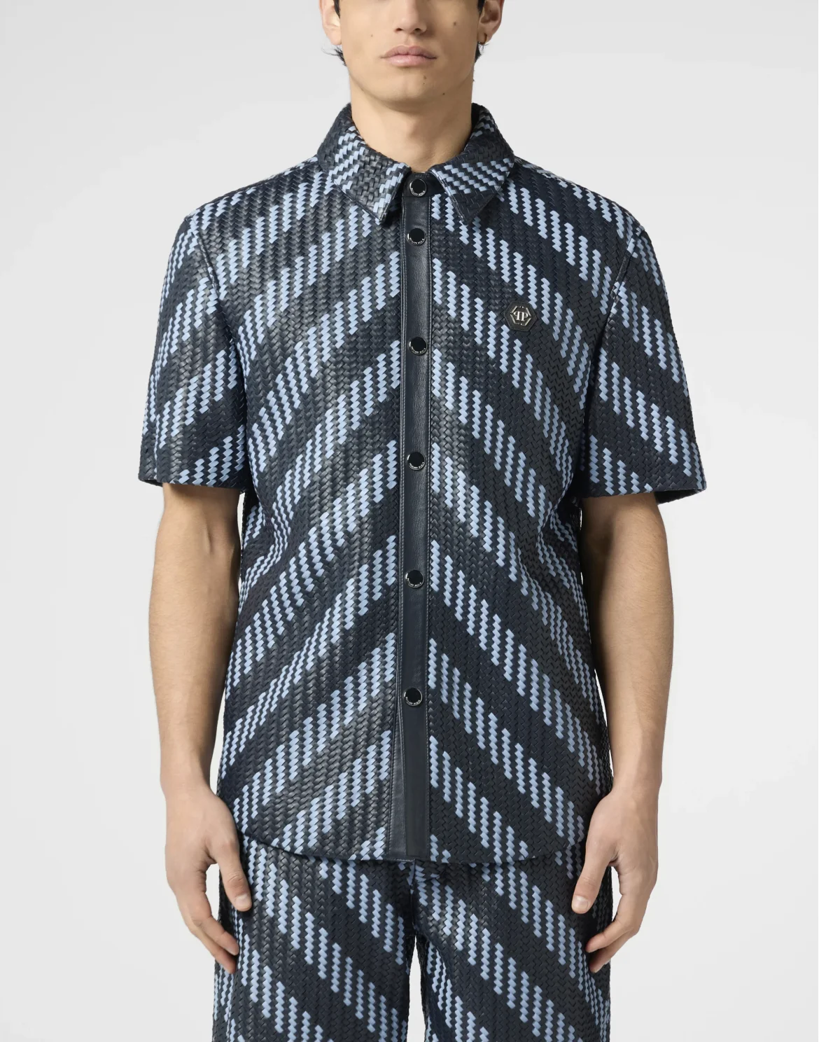 Weaved Leather Shortsleeve Shirt Stripes, цвет: Синий