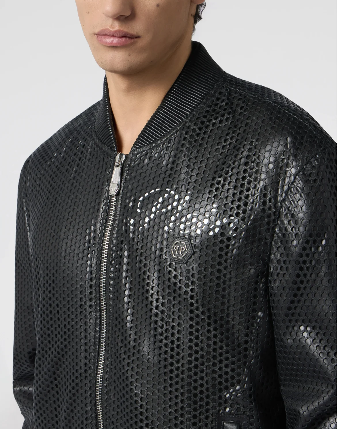 Perforated Leather Nylon Bomber, цвет: Черный