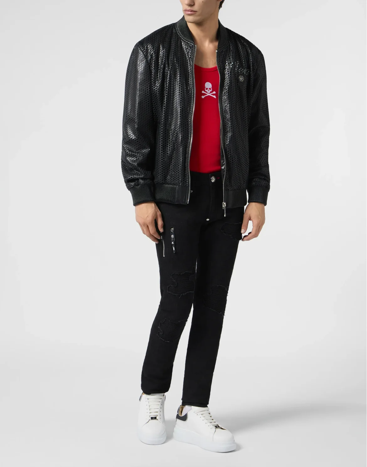 Perforated Leather Nylon Bomber, цвет: Черный