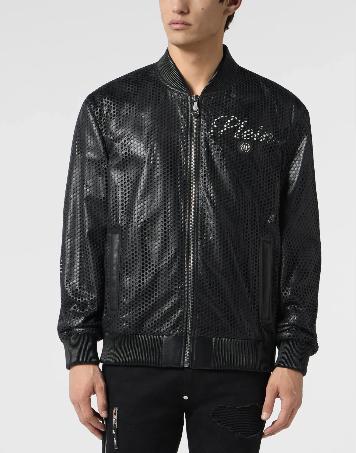 Perforated Leather Nylon Bomber, цвет: Черный