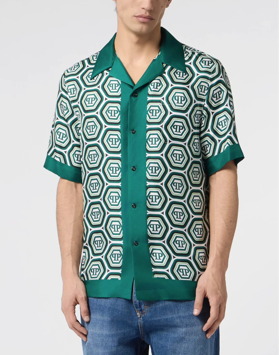 Silk Bowling Shirt Monogram 70's, цвет: Зеленый