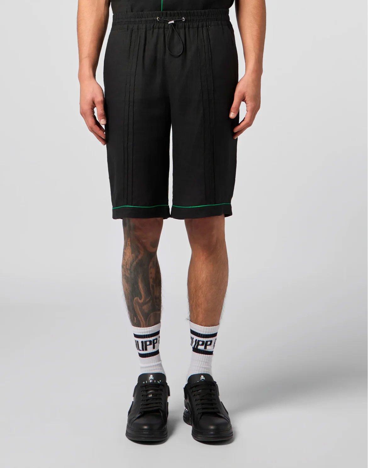 Linen Drawstring Shorts Plein Tennis, цвет: Черный