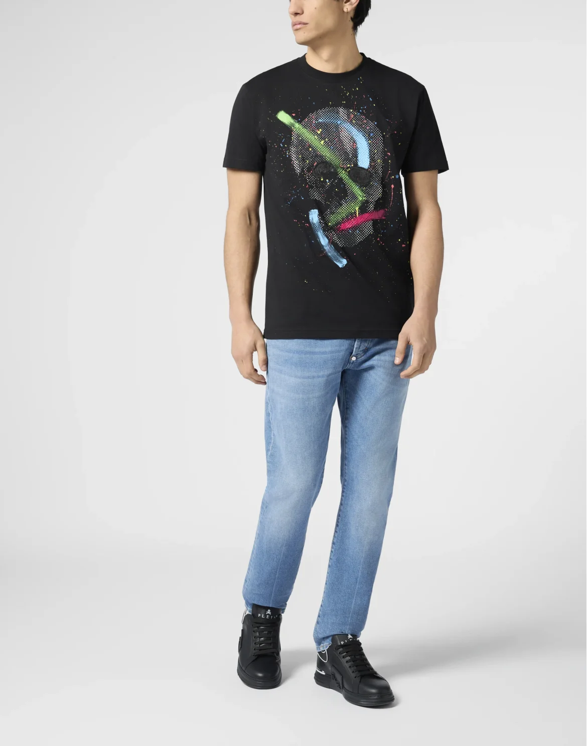 Round Neck T-Shirt Paint Splash Skull, цвет: Черный